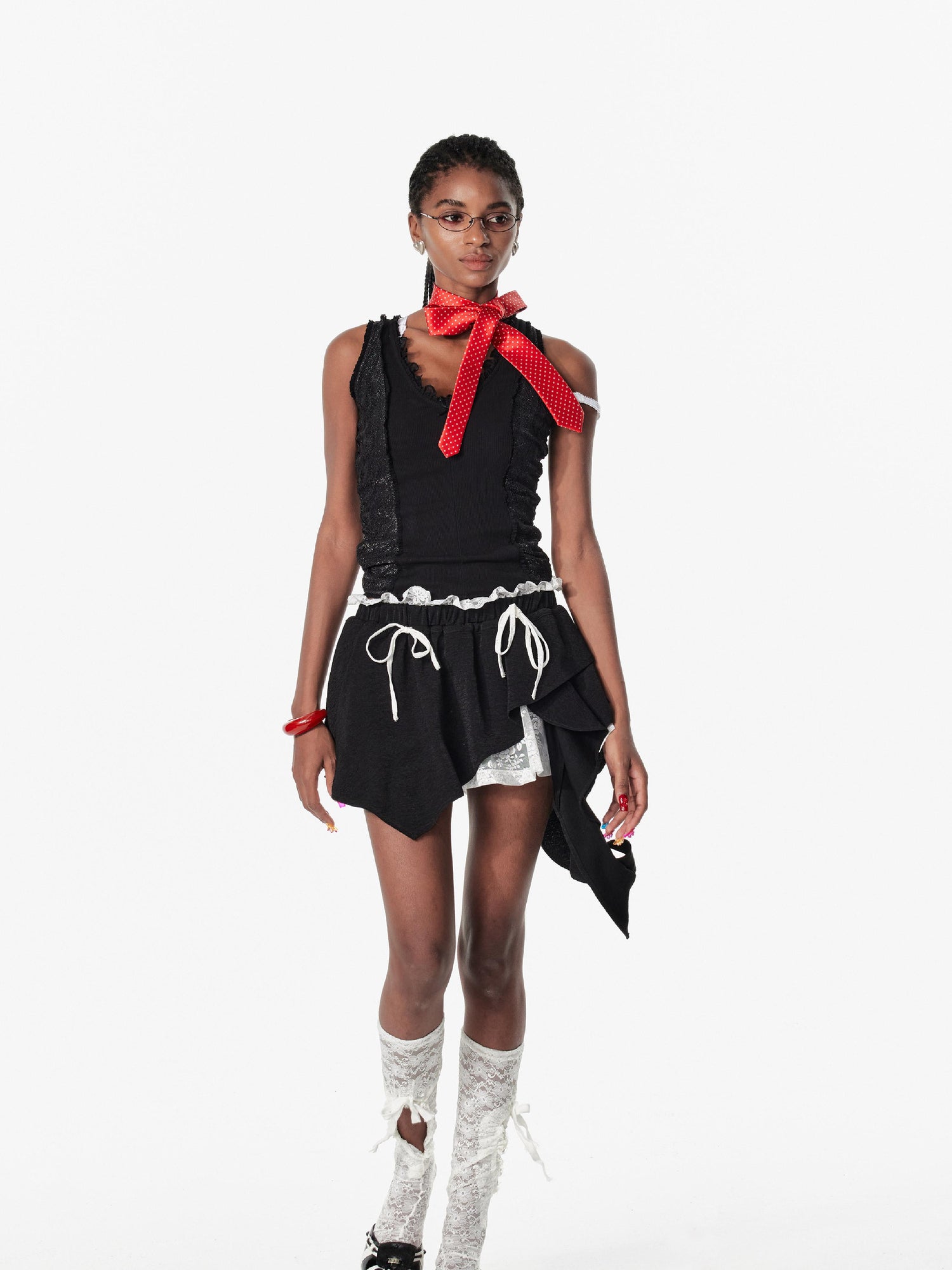 2th Desire Ballet Floral Lace Ruffle Asymmetrical Drawstring Mini Skirt