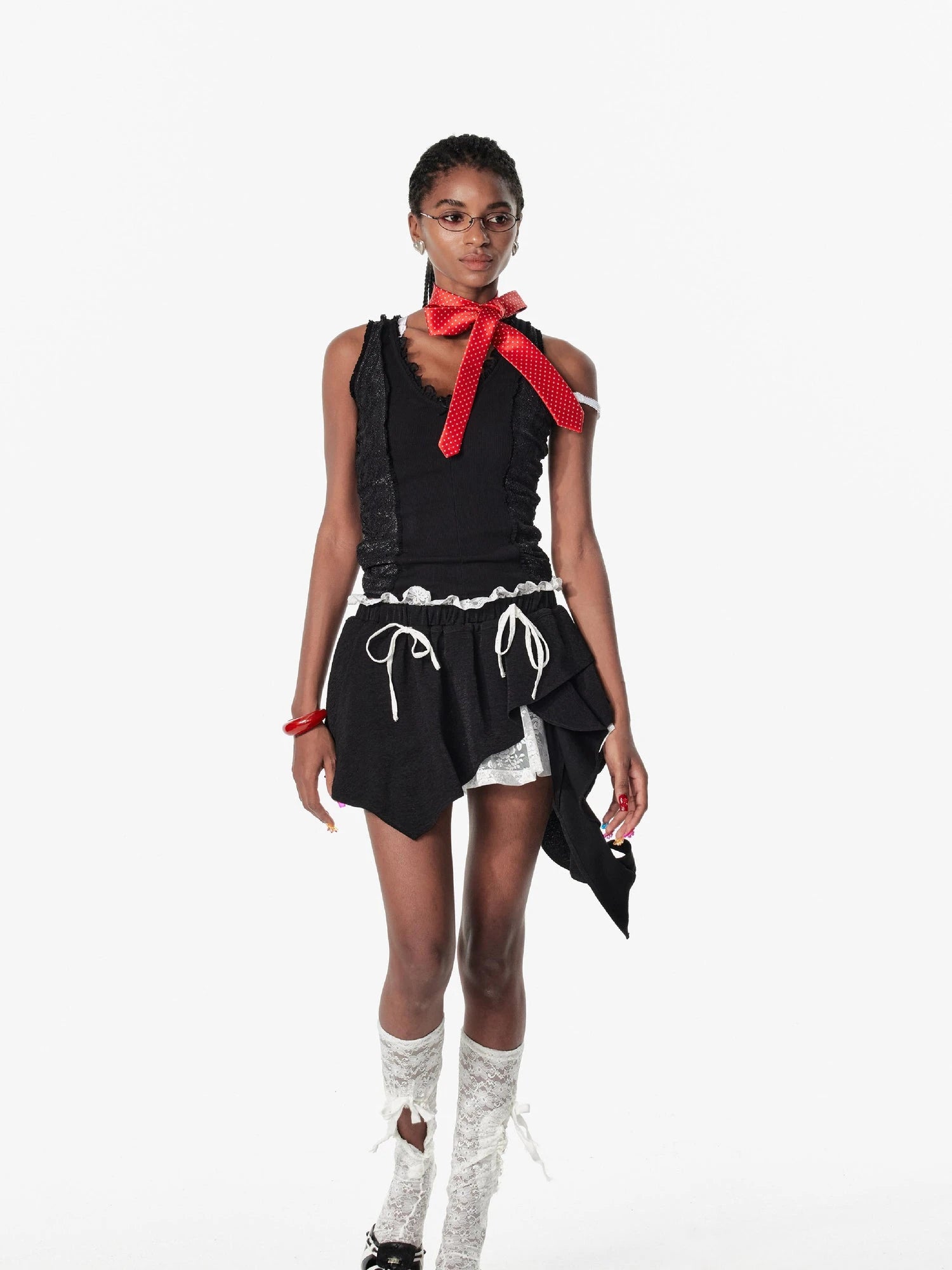 Ballet Floral Lace Ruffle Asymmetrical Drawstring Mini Skirt