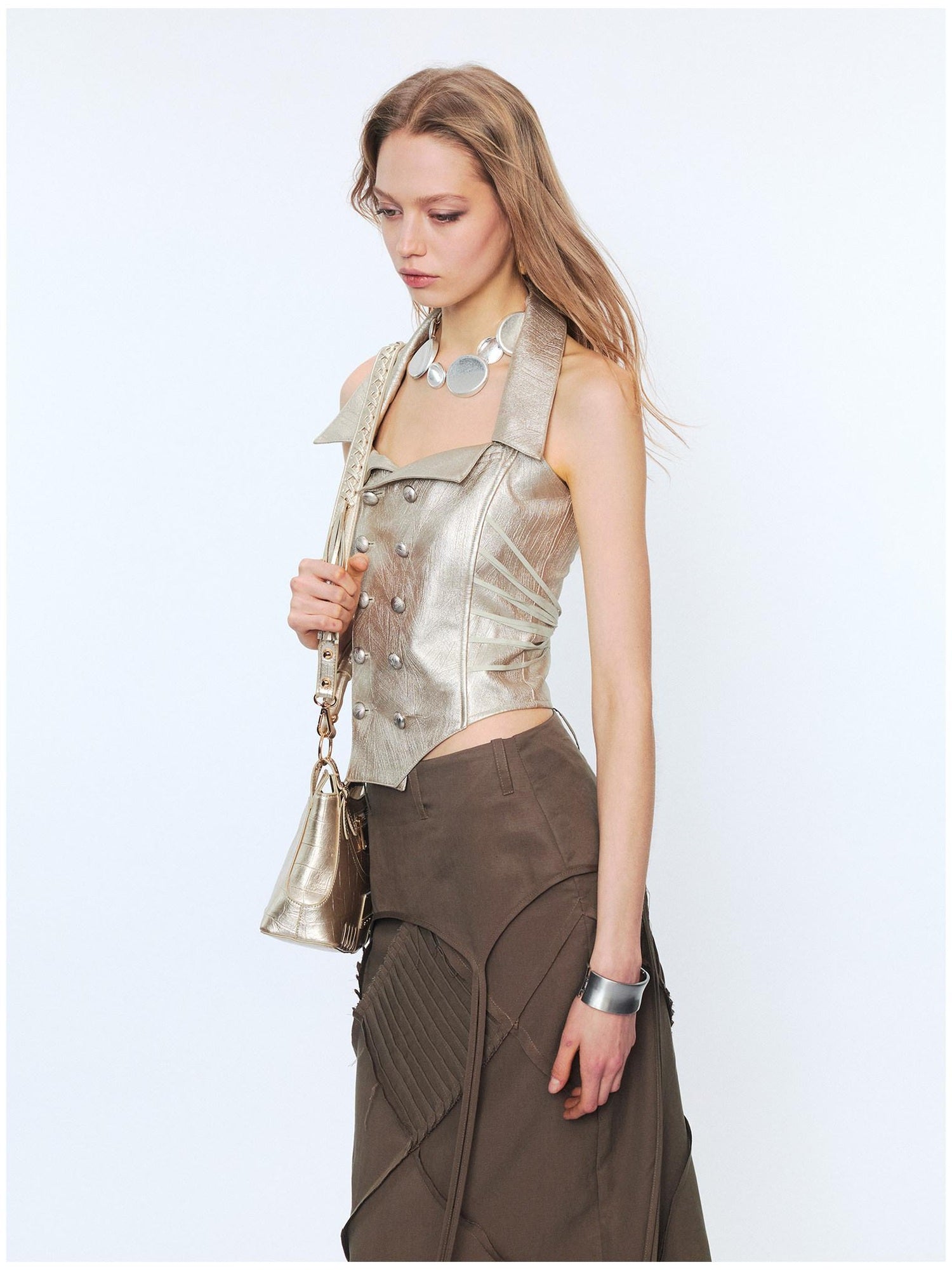Champagne Brown Cropped Halter Lapel Double Breasted Polyester Women Tank Tops