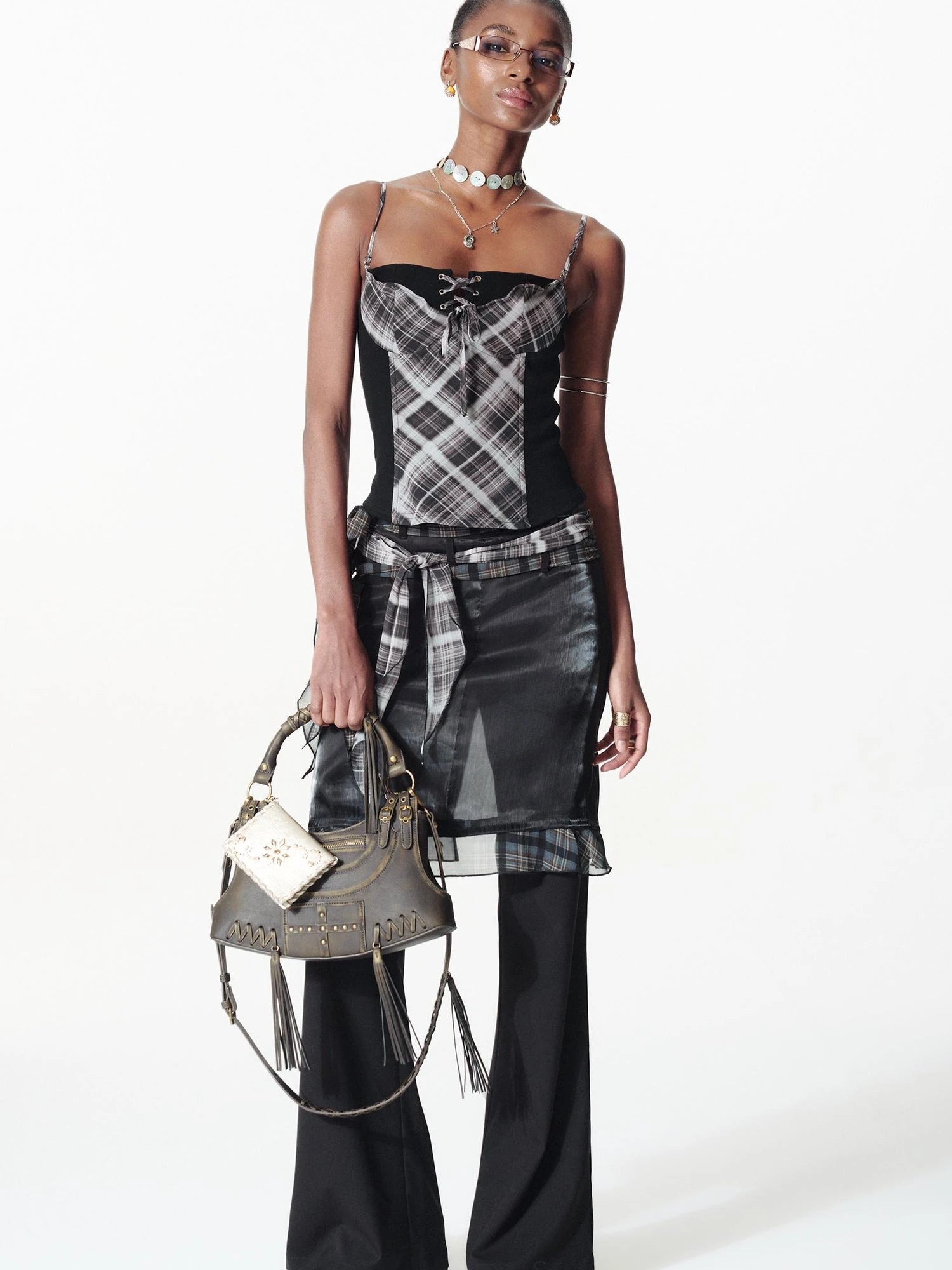 Color Block Plaid Ribbon Layered Flare Palazzo Pants