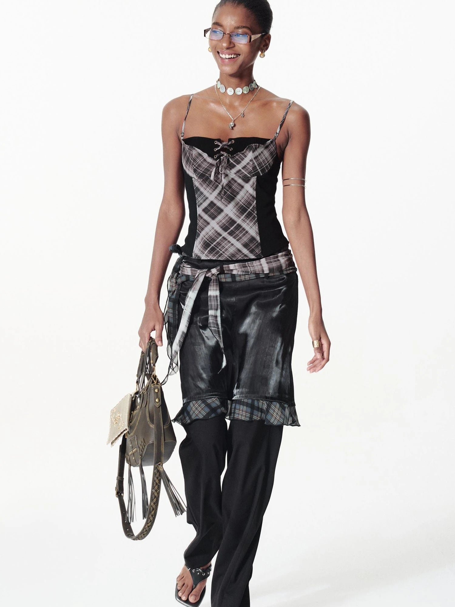 Color Block Plaid Ribbon Layered Flare Palazzo Pants
