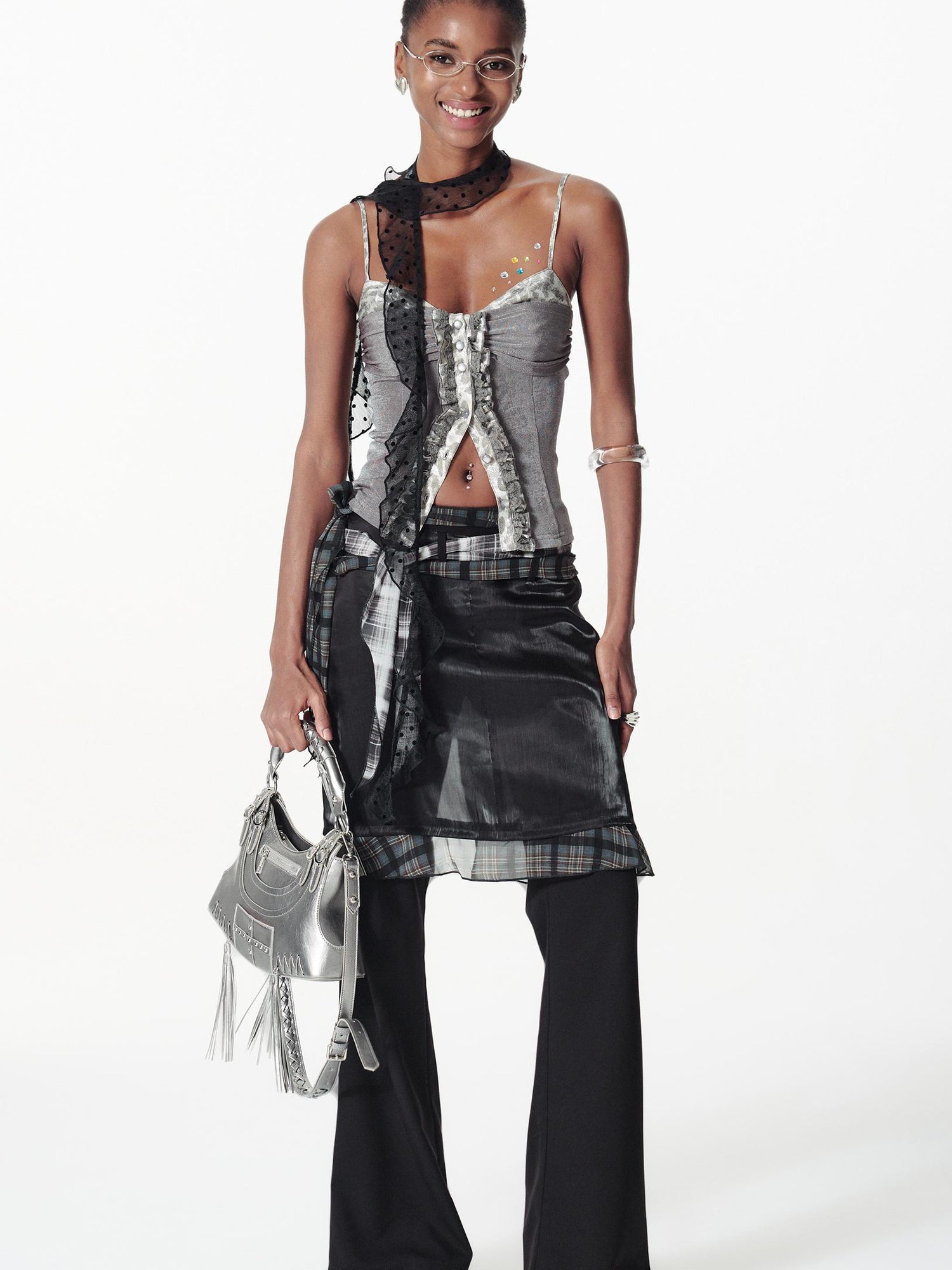 2th Desire Color Block Plaid Ribbon Layered Flare Palazzo Pants
