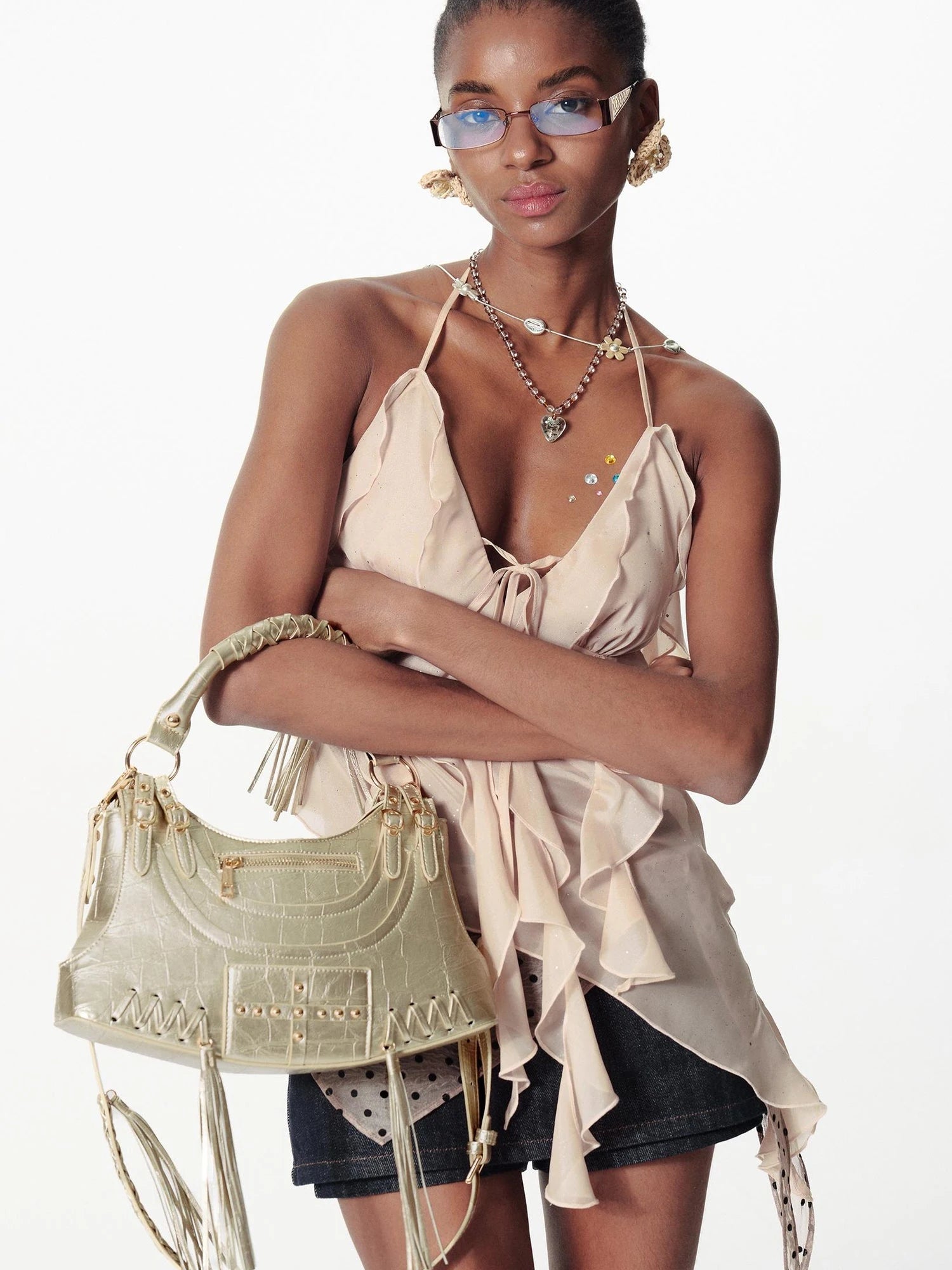 Deconstructed Punk Studded Fringe Crossbody Bag Vintage Style