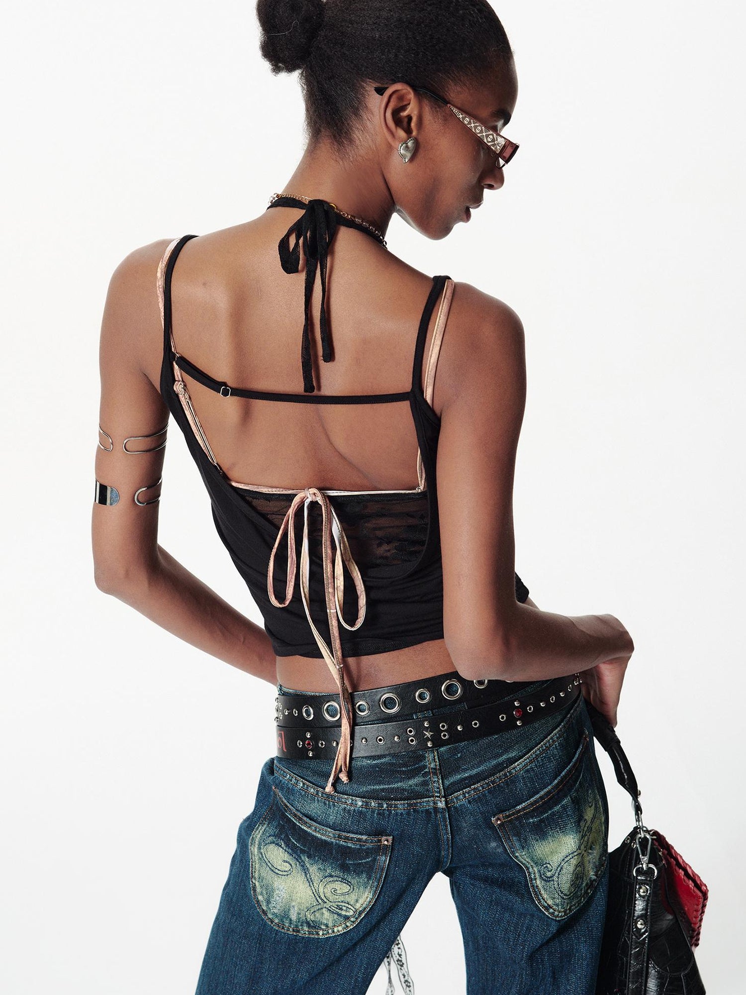 2th Desire Deconstructed V Neck Lace Trim Backless Sleeveless Top