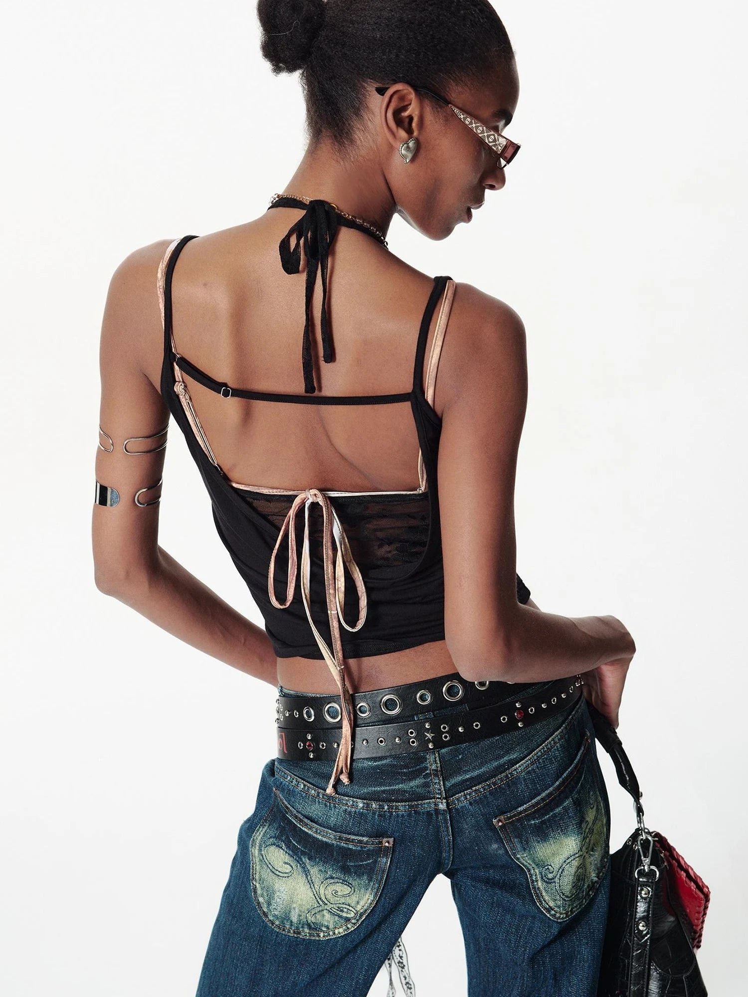 Deconstructed V Neck Lace Trim Backless Sleeveless Top