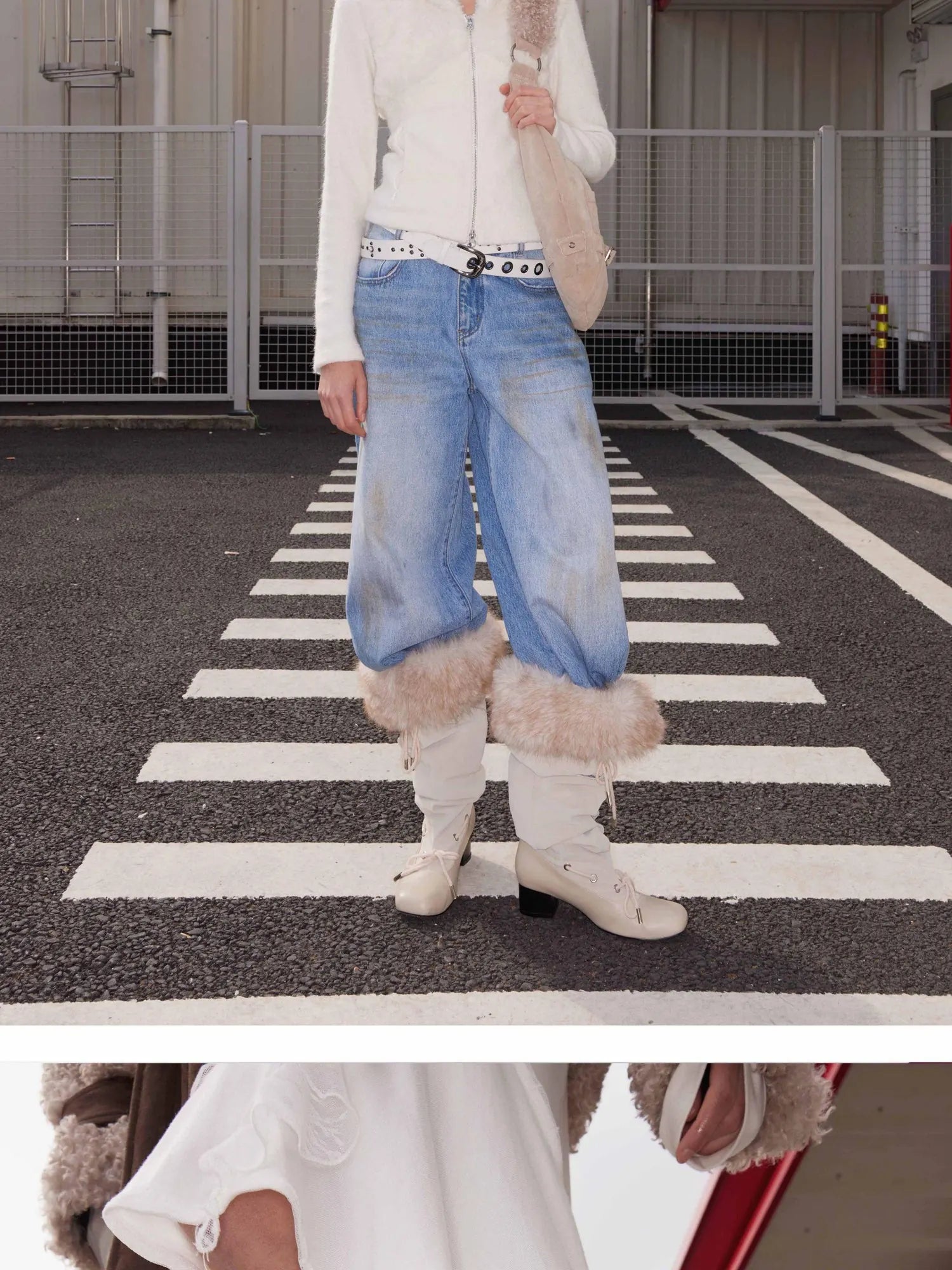 Detachable Faux Fur Collar Stacked Ballet Boots