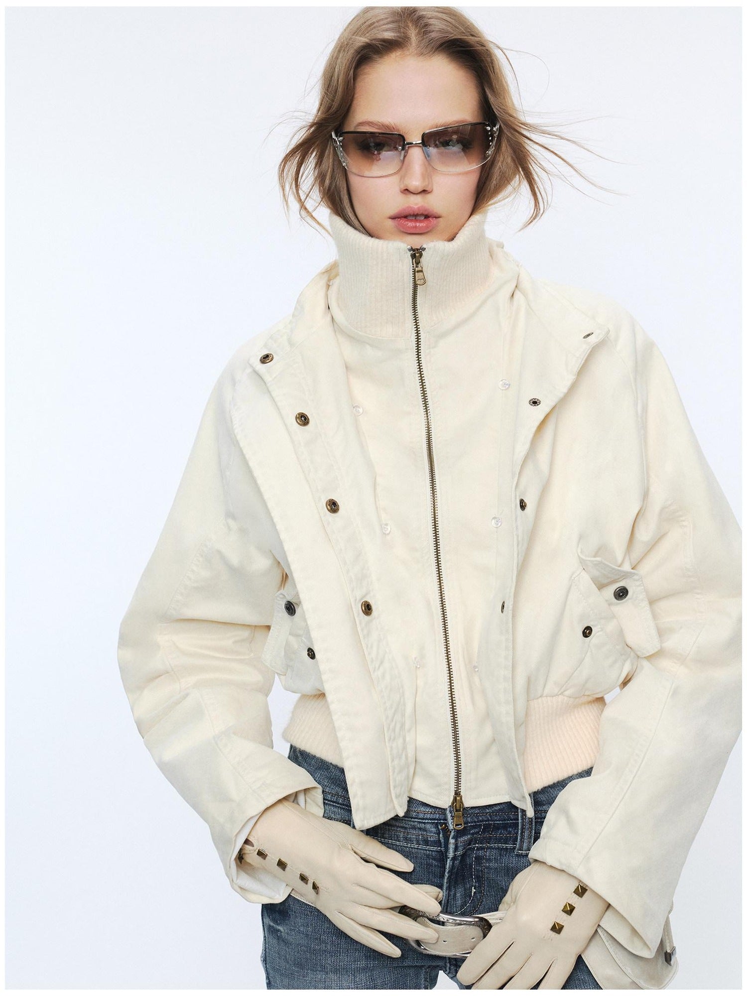 2th Desire Detachable Fur Collar Vintage Slim 100% Cotton Womens Zipper Cropped Jackets
