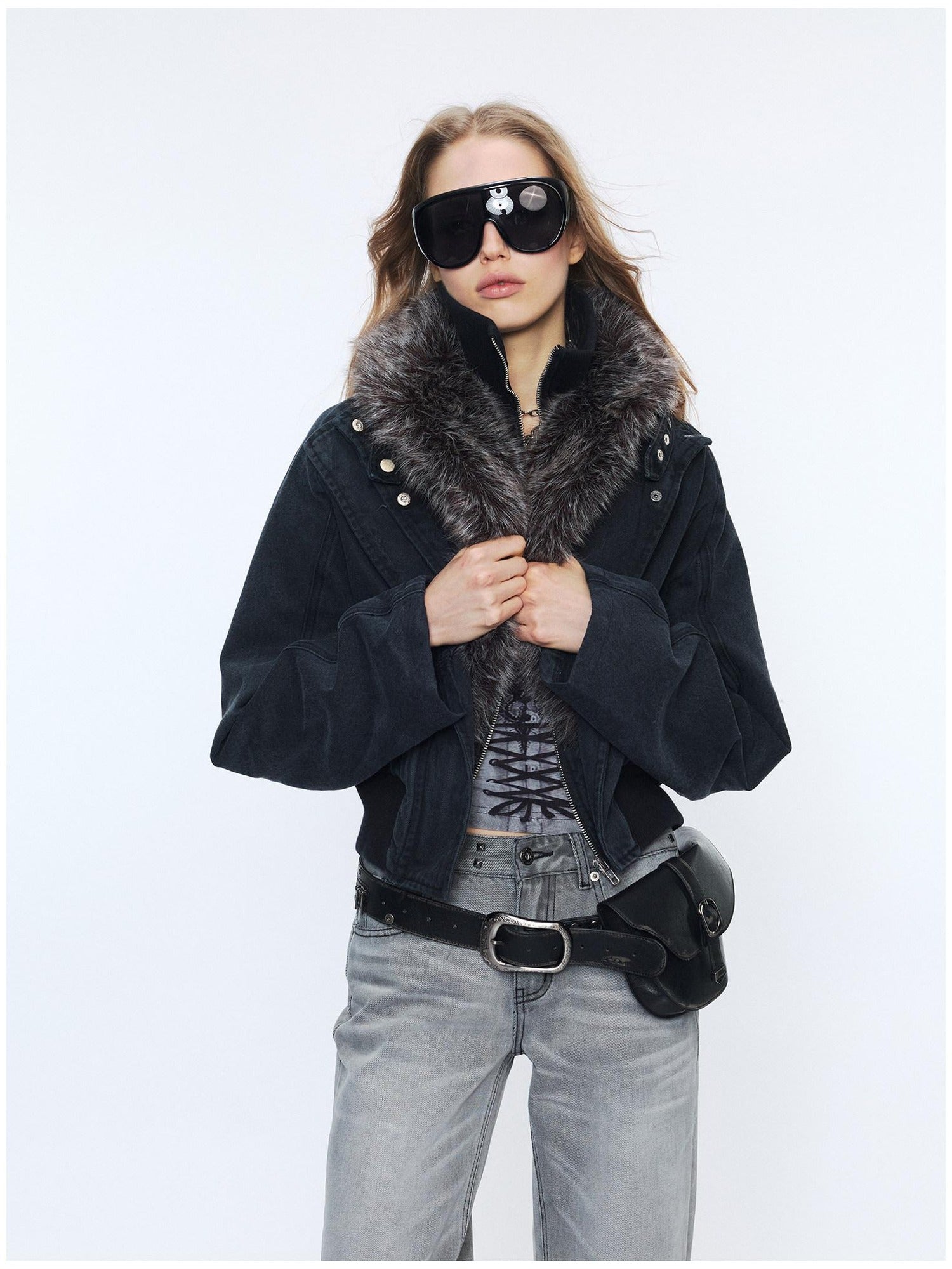 2th Desire Detachable Fur Collar Vintage Slim 100% Cotton Womens Zipper Cropped Jackets