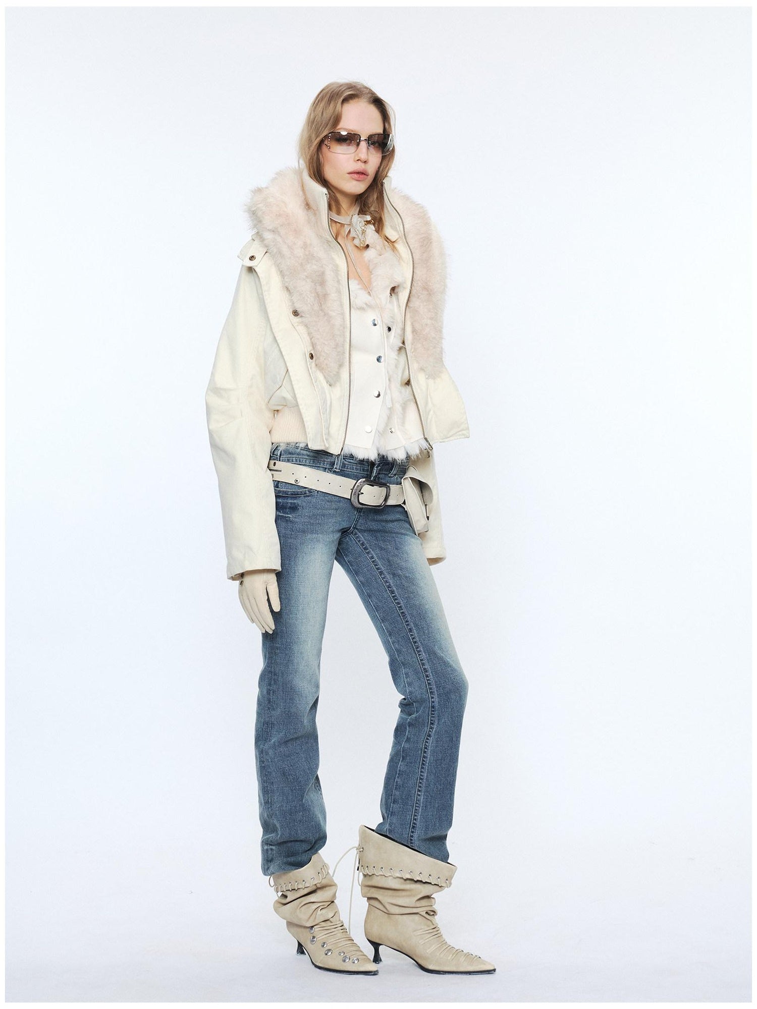 2th Desire Detachable Fur Collar Vintage Slim 100% Cotton Womens Zipper Cropped Jackets