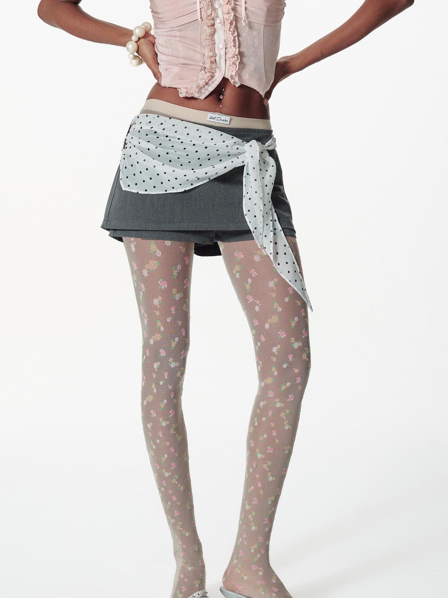 2th Desire Detachable Polka Dot Scarf Dress With Denim Skirt Pants