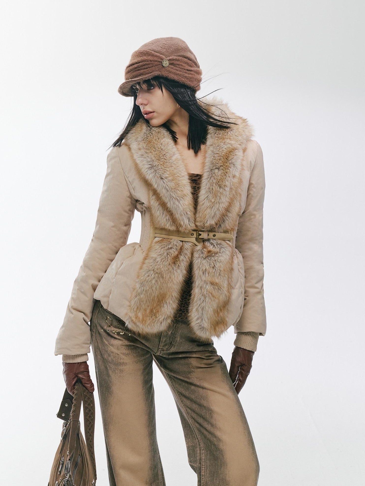 2th Desire Distressed Fur Trim Lapel Slim Fit Women&