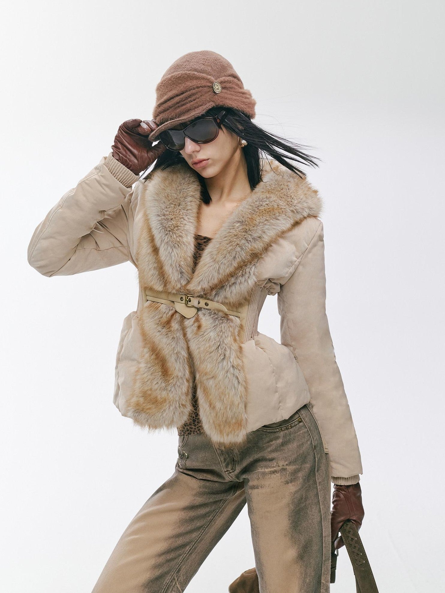 2th Desire Distressed Fur Trim Lapel Slim Fit Women&