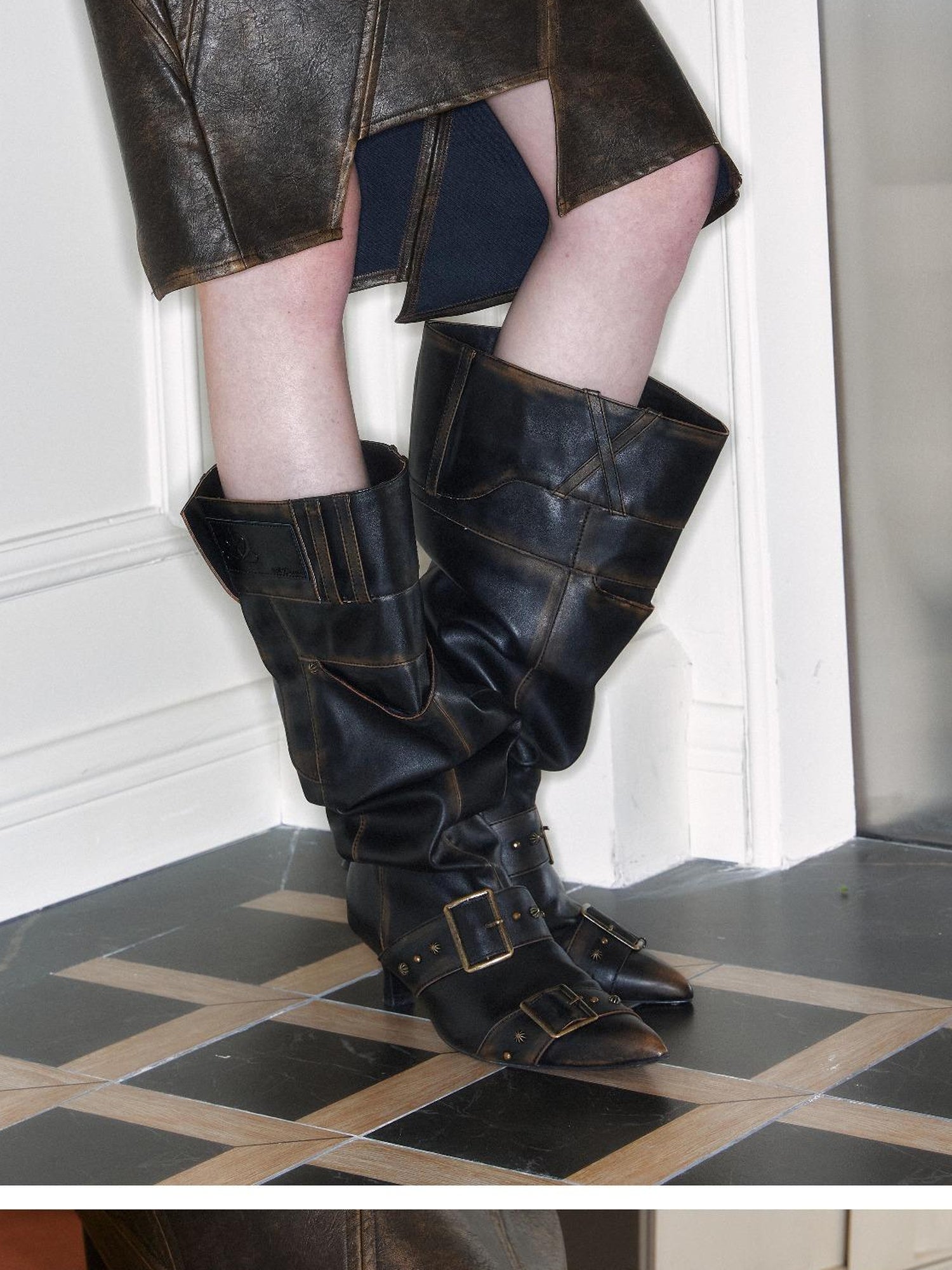 2th Desire Distressed Stacked Knee High Wide Cuff Boots