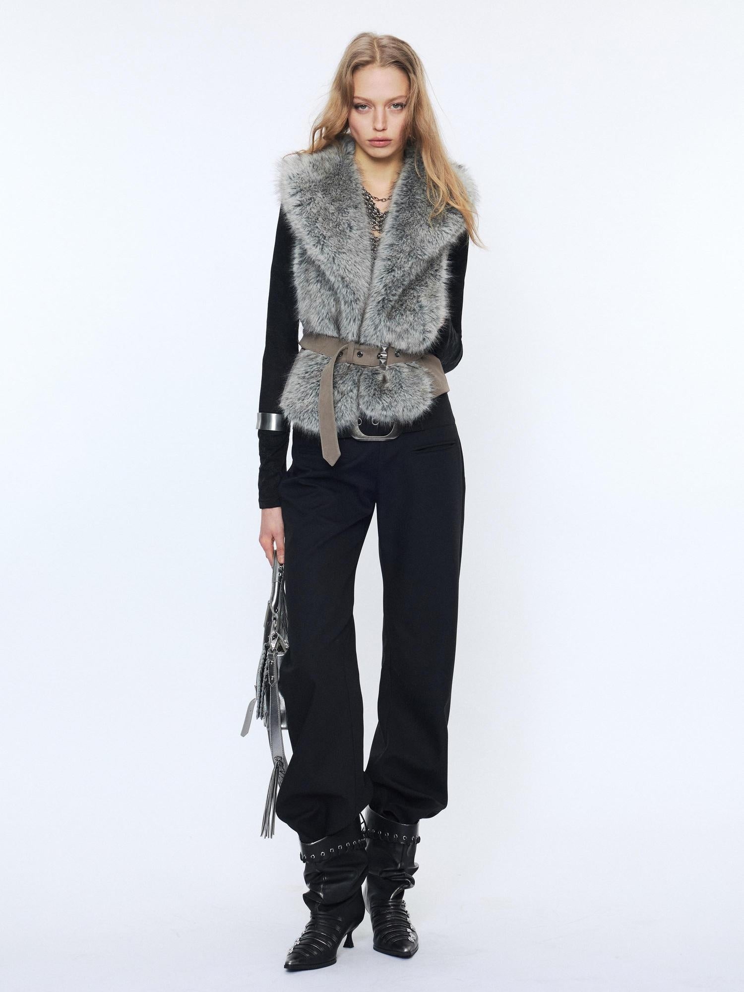 2th Desire Edgy Slim Fit Lapel Vest Punk Style Women Grey Brown Polyester Cropped Jackets