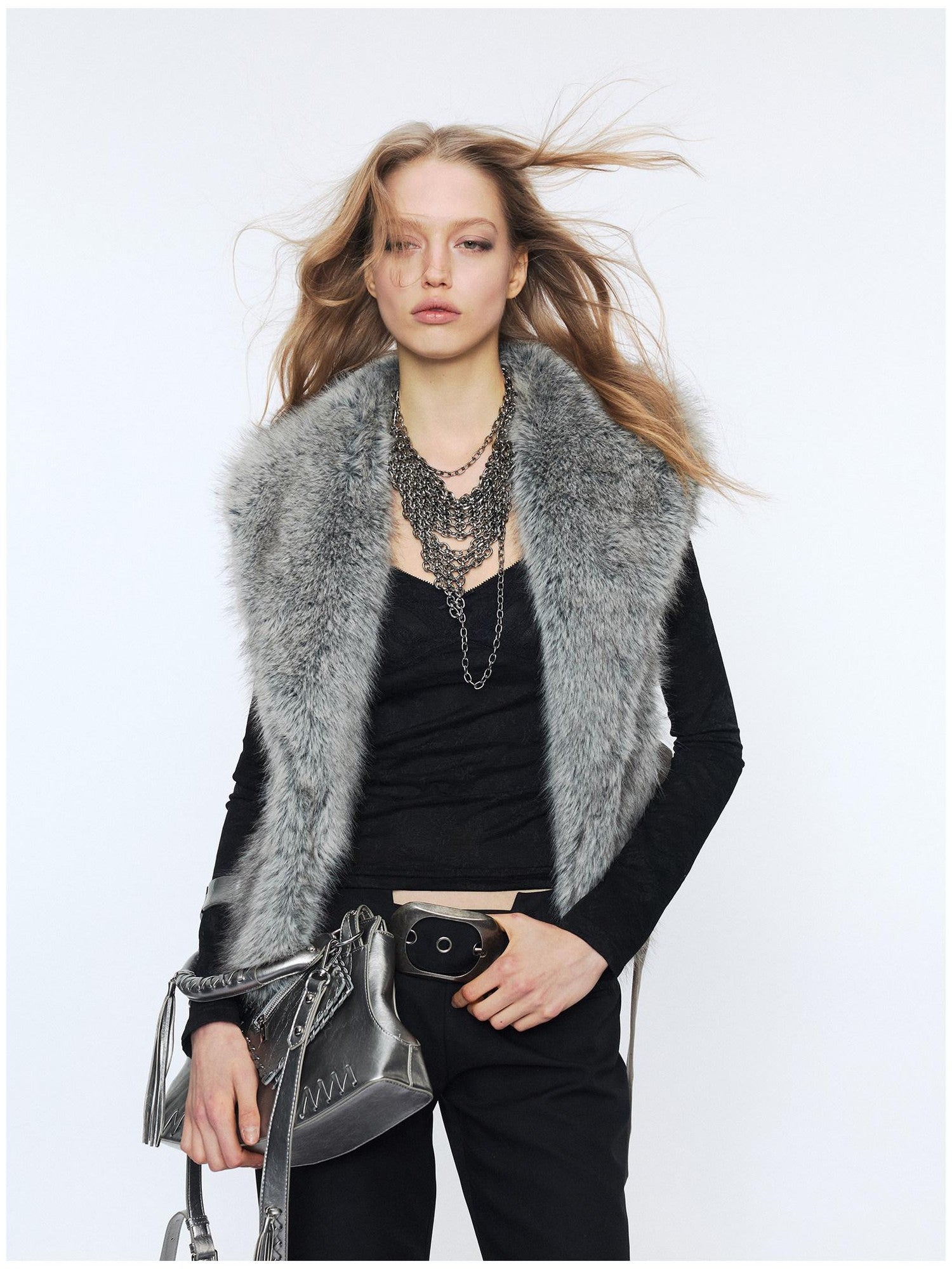 2th Desire Edgy Slim Fit Lapel Vest Punk Style Women Grey Brown Polyester Cropped Jackets