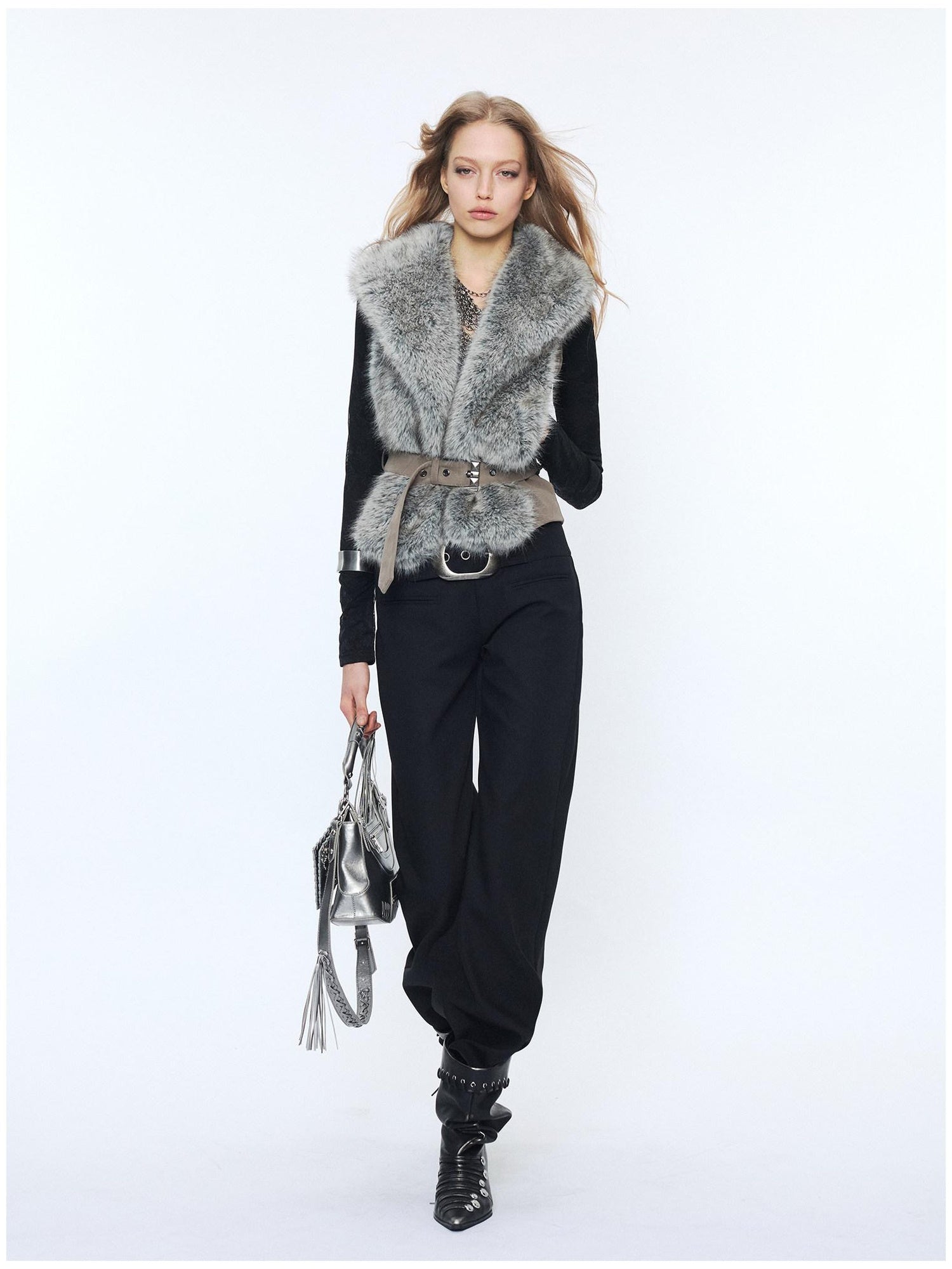 2th Desire Edgy Slim Fit Lapel Vest Punk Style Women Grey Brown Polyester Cropped Jackets