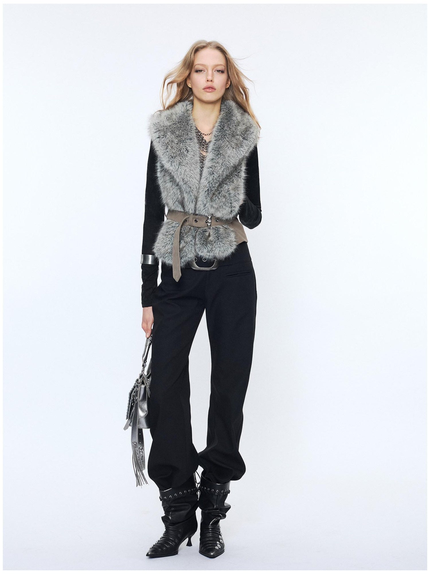 2th Desire Edgy Slim Fit Lapel Vest Punk Style Women Grey Brown Polyester Cropped Jackets