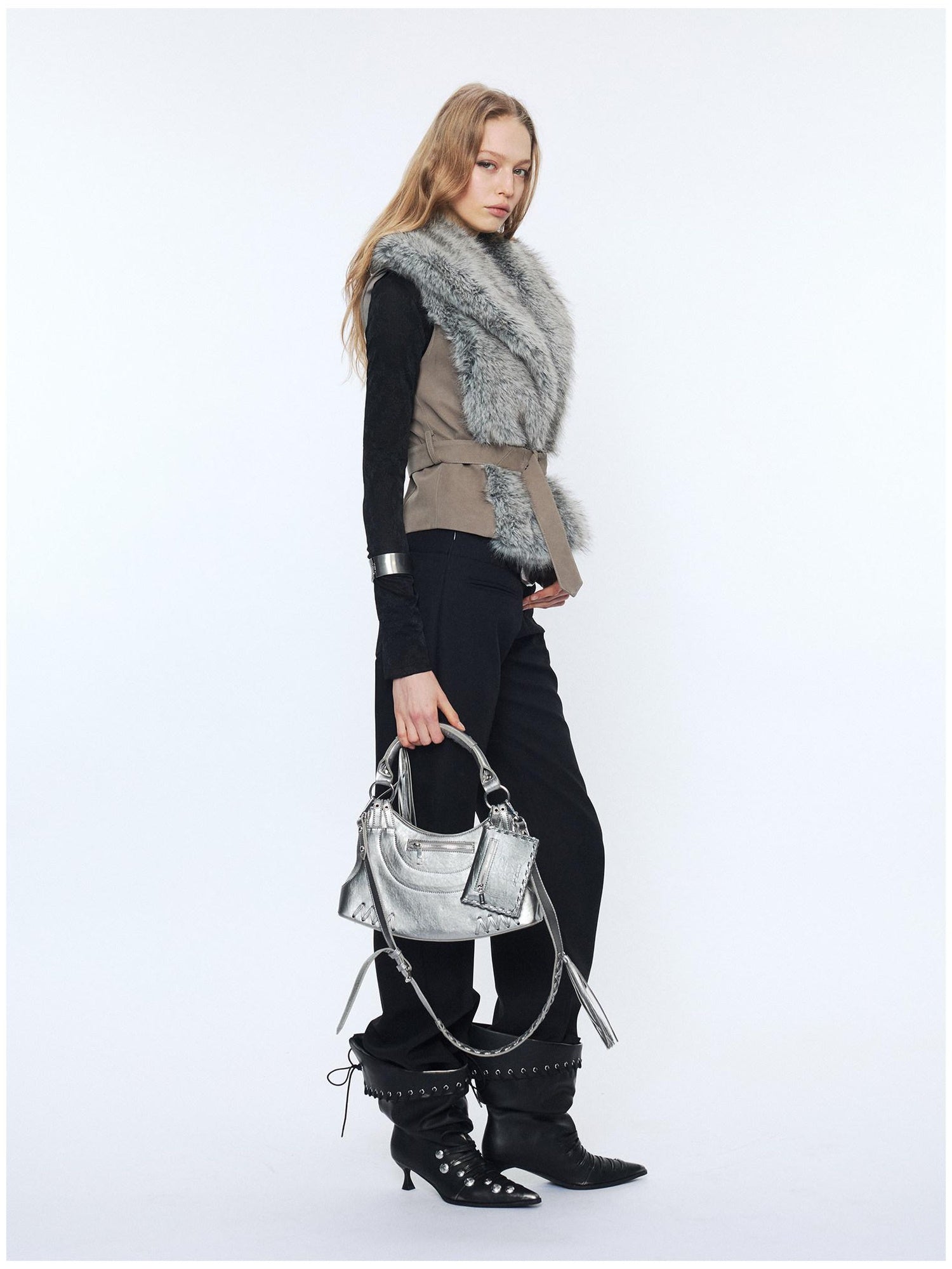 2th Desire Edgy Slim Fit Lapel Vest Punk Style Women Grey Brown Polyester Cropped Jackets