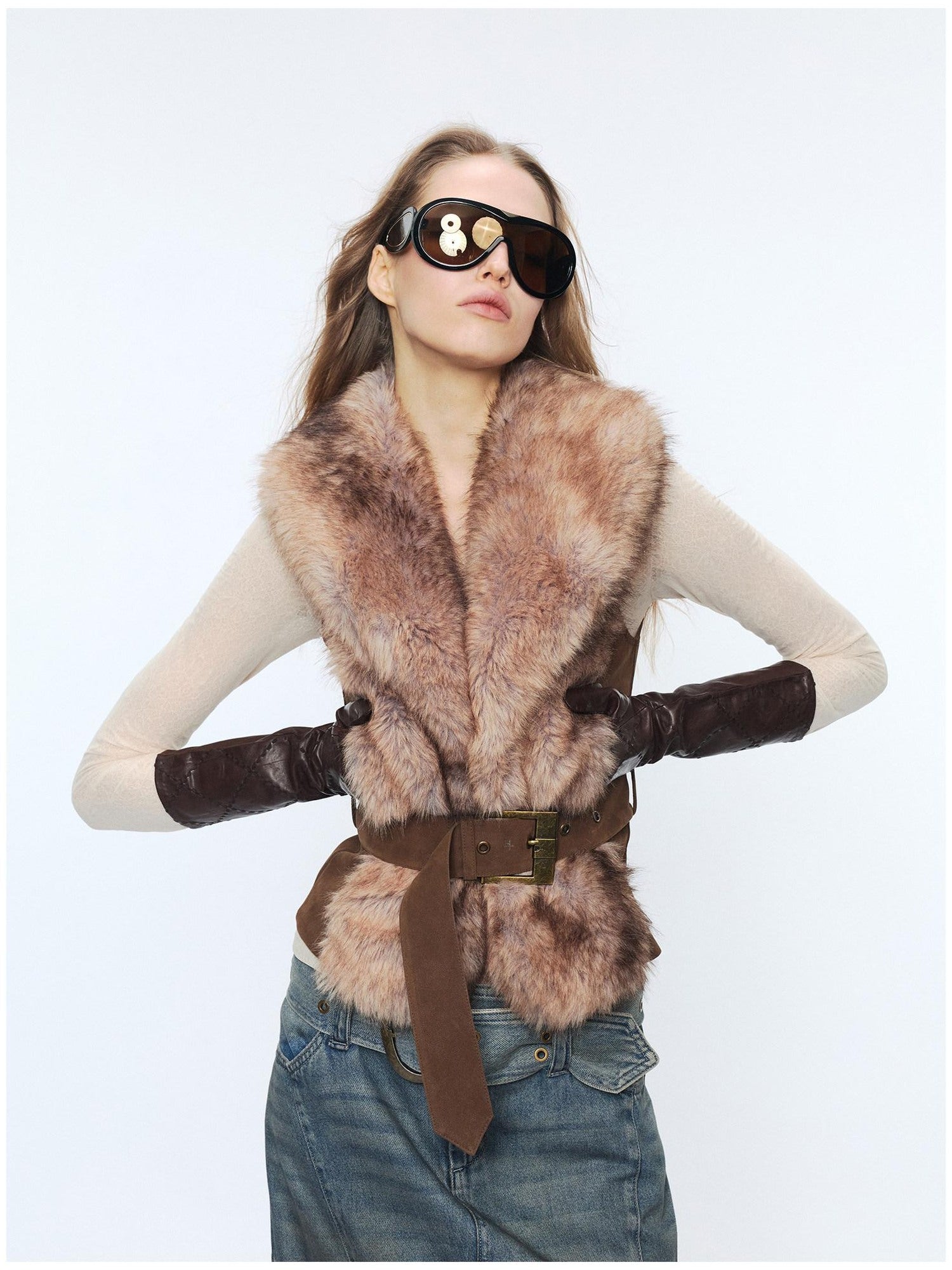 2th Desire Edgy Slim Fit Lapel Vest Punk Style Women Grey Brown Polyester Cropped Jackets