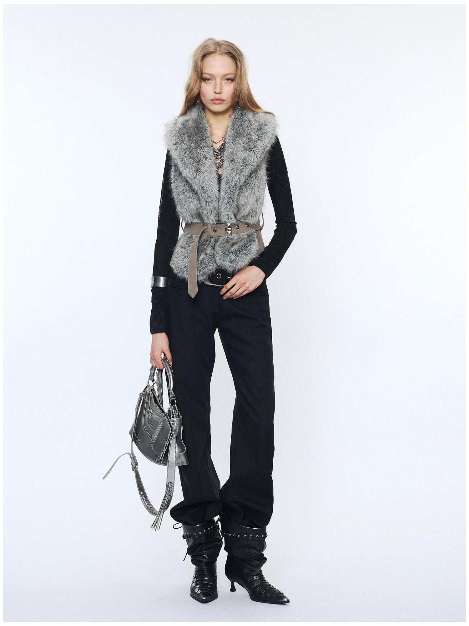 2th Desire Edgy Slim Fit Lapel Vest Punk Style Women Grey Brown Polyester Cropped Jackets