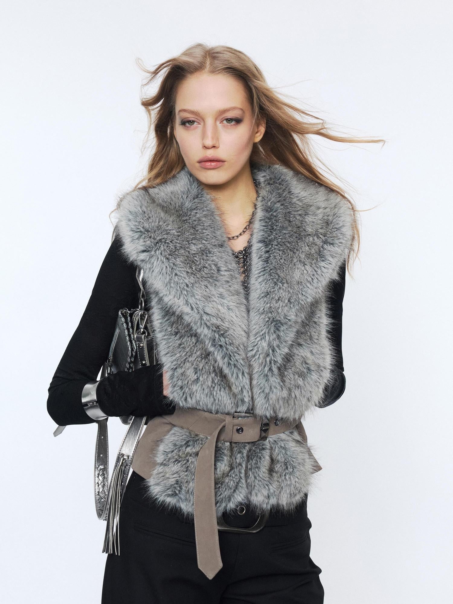 2th Desire Edgy Slim Fit Lapel Vest Punk Style Women Grey Brown Polyester Cropped Jackets