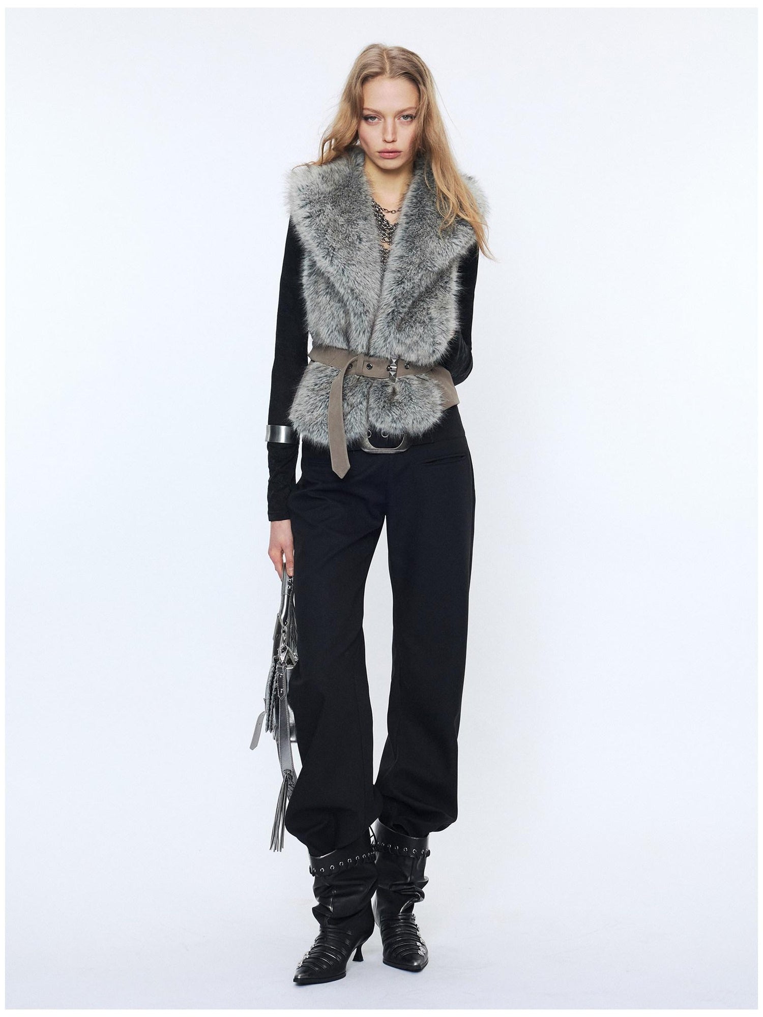 2th Desire Edgy Slim Fit Lapel Vest Punk Style Women Grey Brown Polyester Cropped Jackets