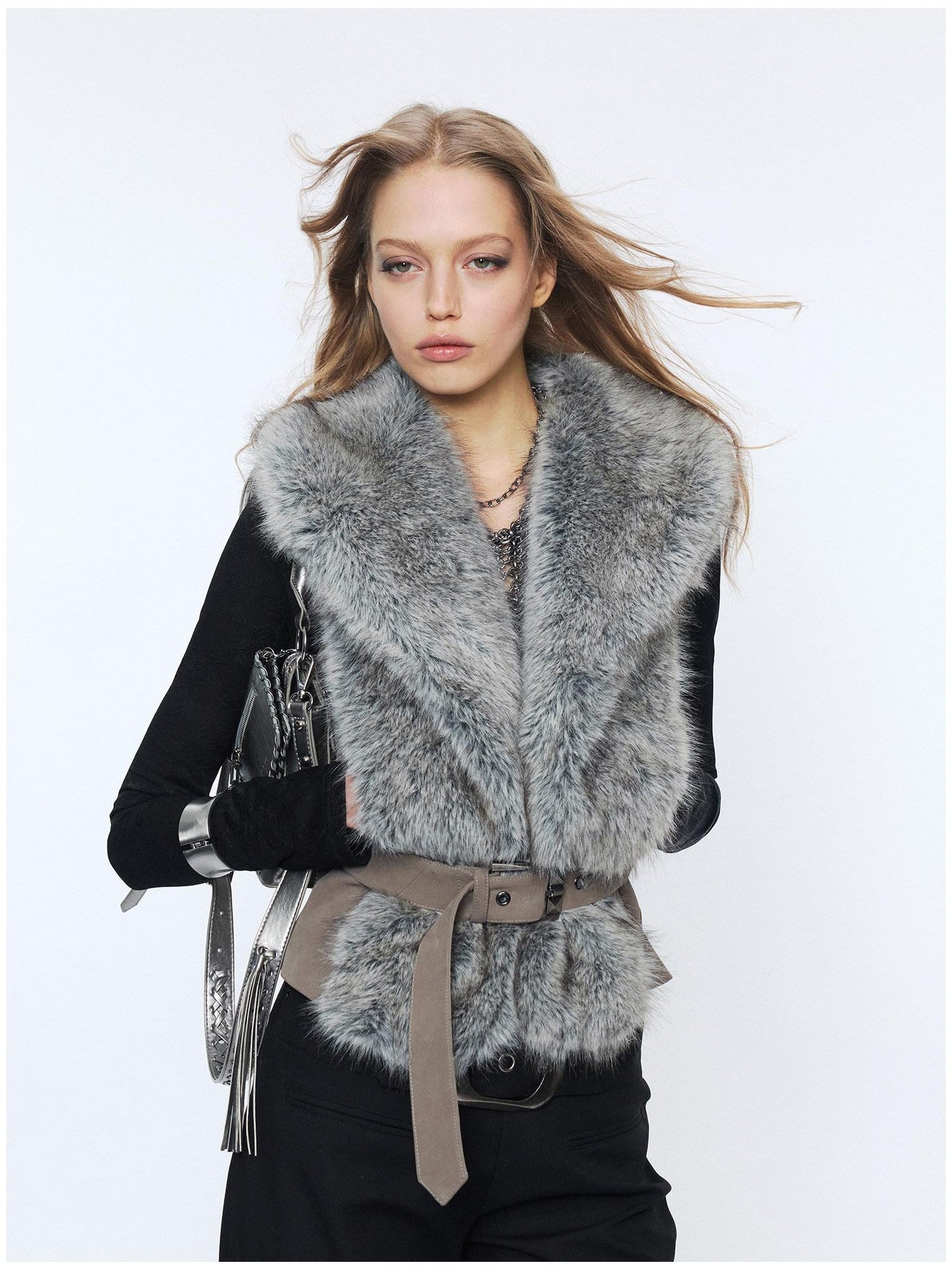 2th Desire Edgy Slim Fit Lapel Vest Punk Style Women Grey Brown Polyester Cropped Jackets