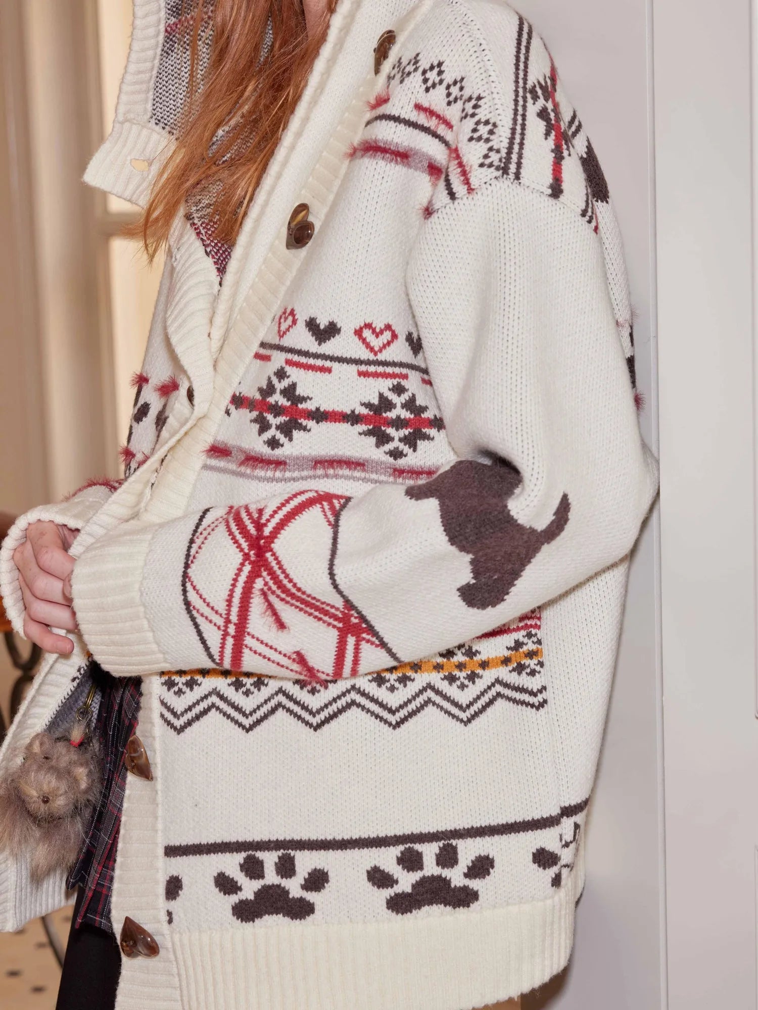 Fair Isle Puppy Love Hooded Cardigan Vintage Wool Blend