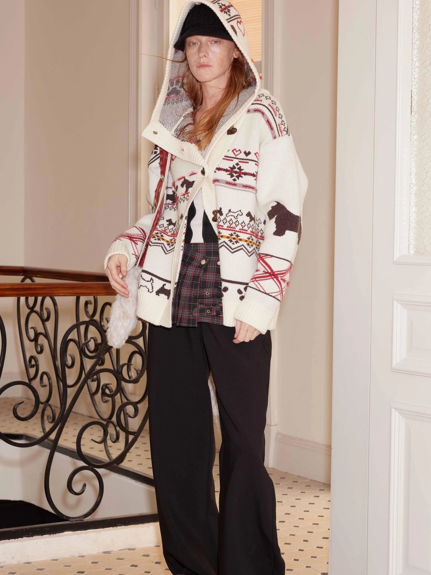 Fair Isle Puppy Love Hooded Cardigan Vintage Wool Blend