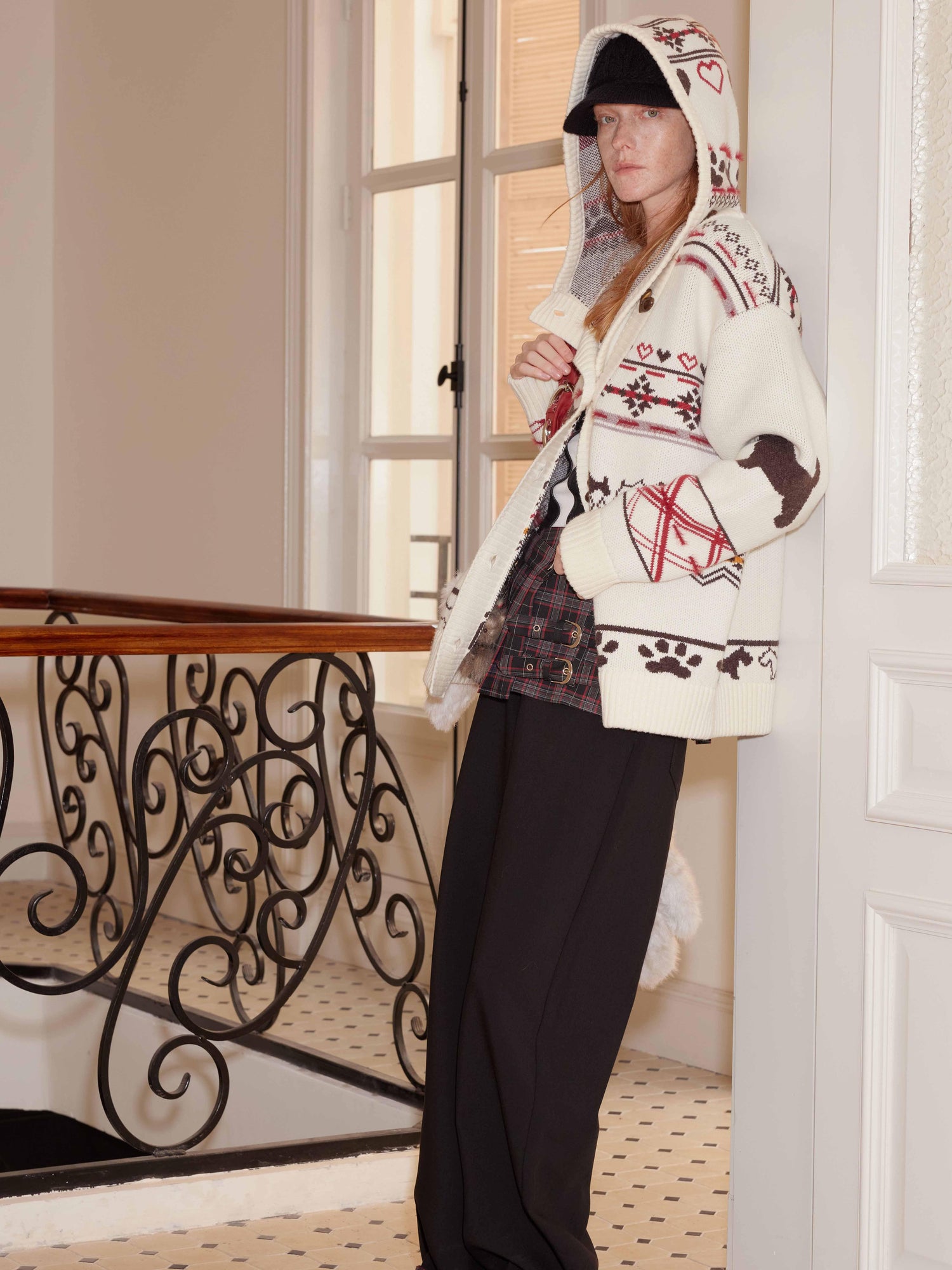 2th Desire Fair Isle Puppy Love Hooded Cardigan Vintage Wool Blend