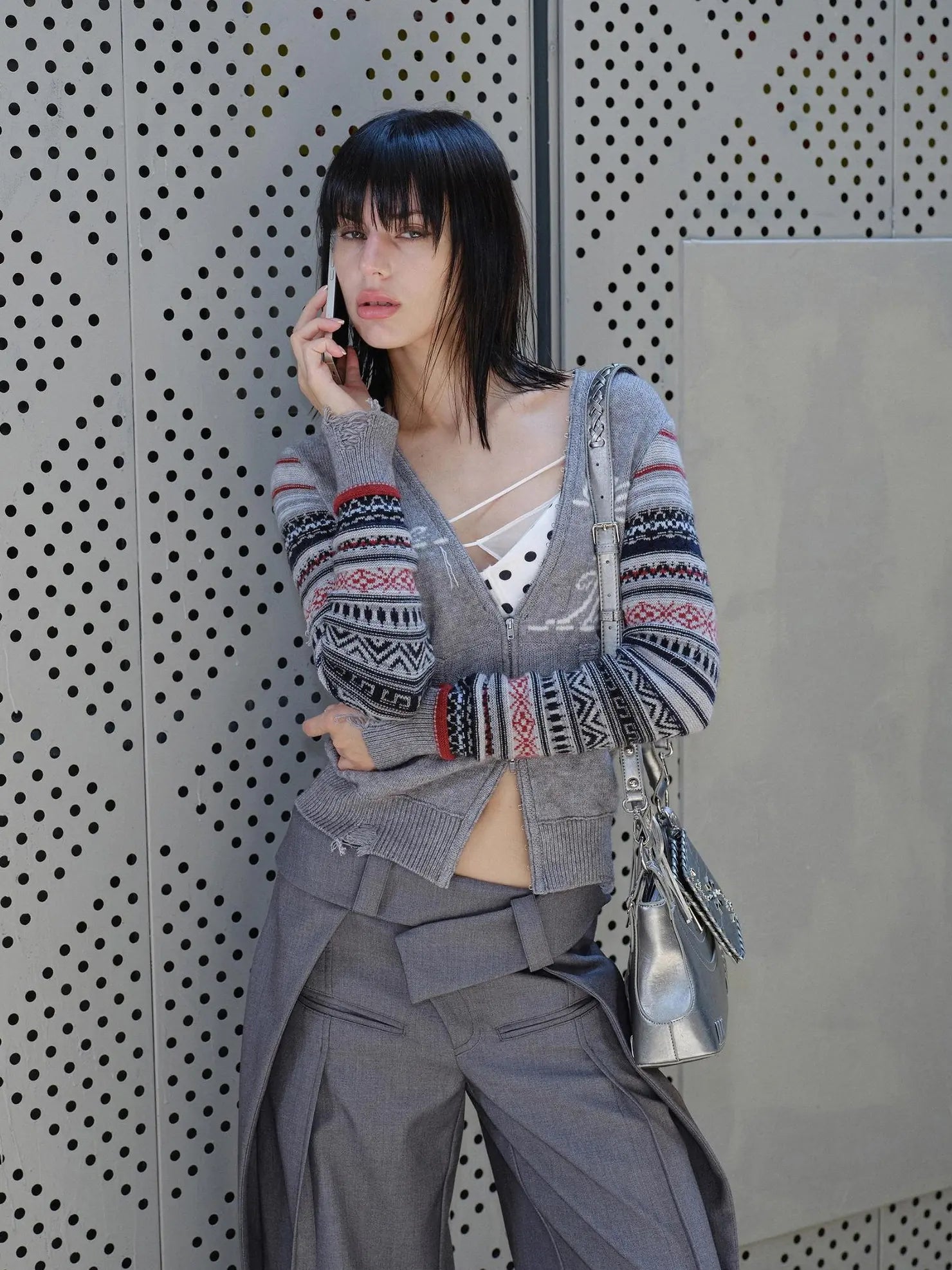 2th Desire Fair Isle Sleeve Tassel Letter Slim Zipper Cardigan Cardigan