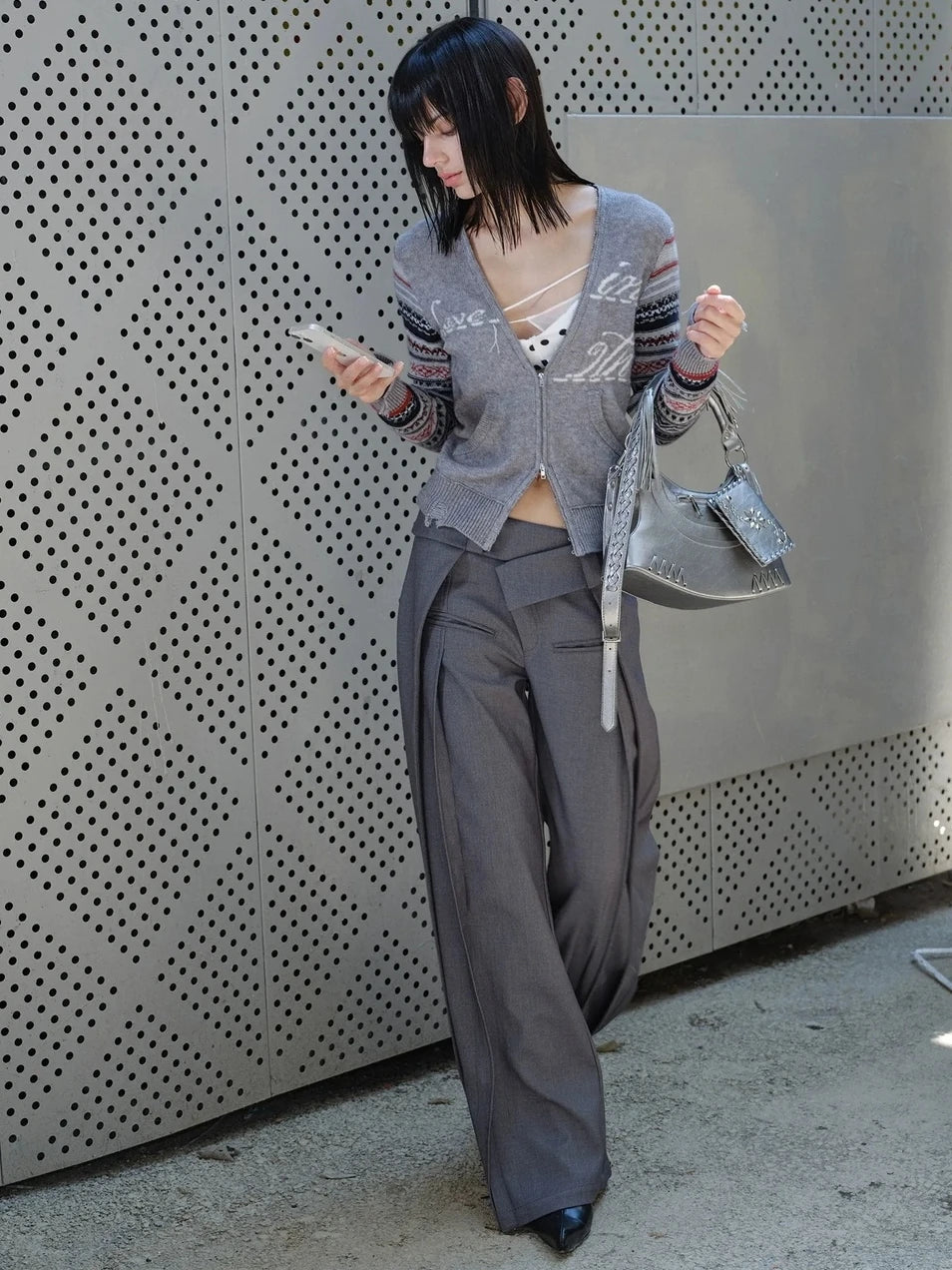 2th Desire Fair Isle Sleeve Tassel Letter Slim Zipper Cardigan Cardigan