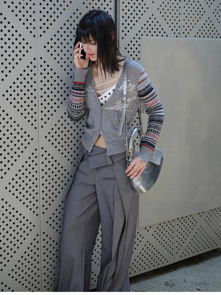 2th Desire Fair Isle Sleeve Tassel Letter Slim Zipper Cardigan Cardigan