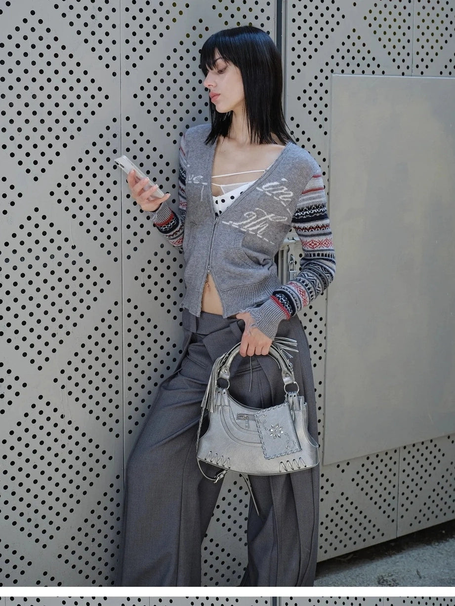 2th Desire Fair Isle Sleeve Tassel Letter Slim Zipper Cardigan Cardigan