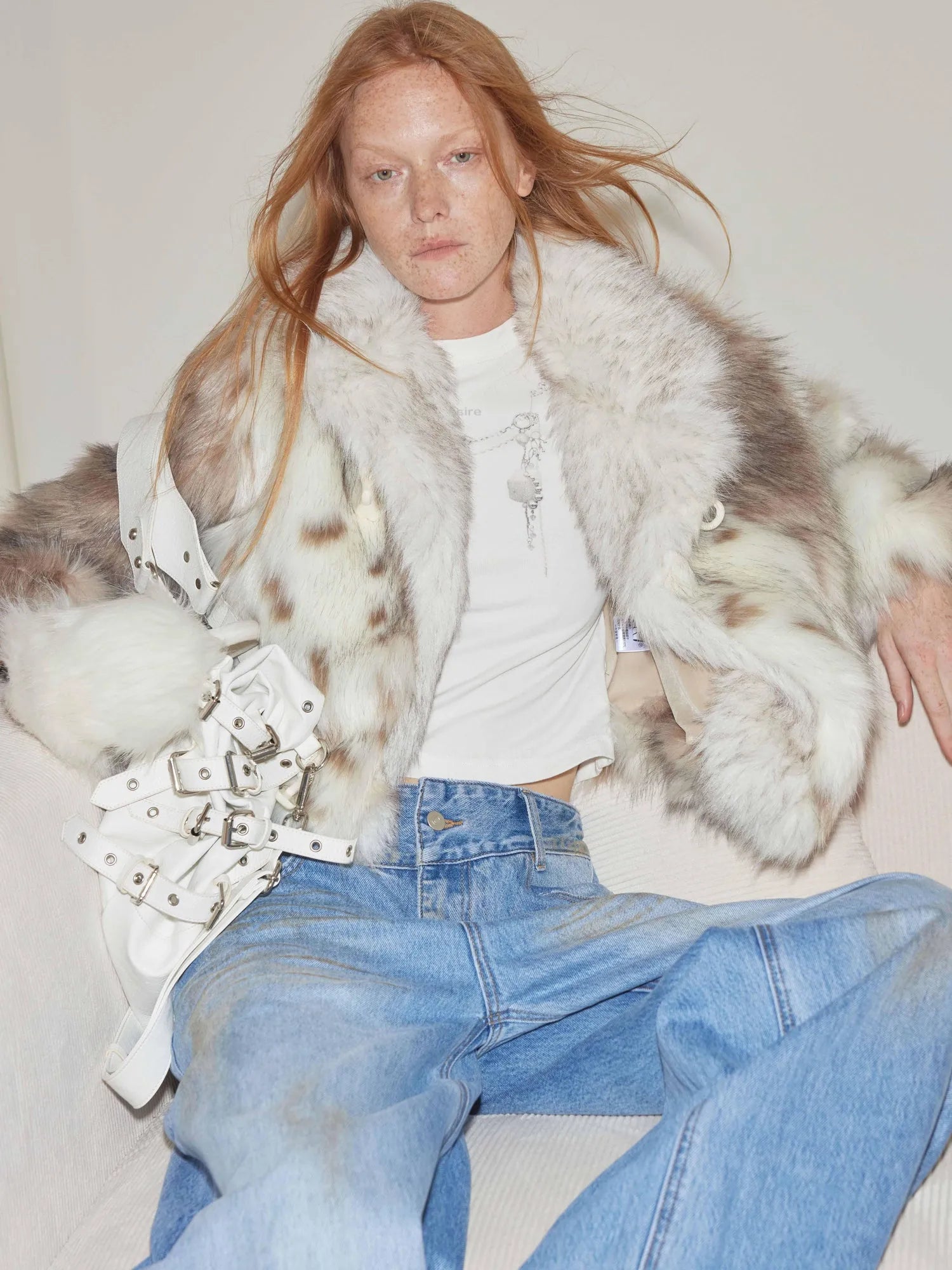 Faux Fur Bone Button Short Coat With Velvet Lining