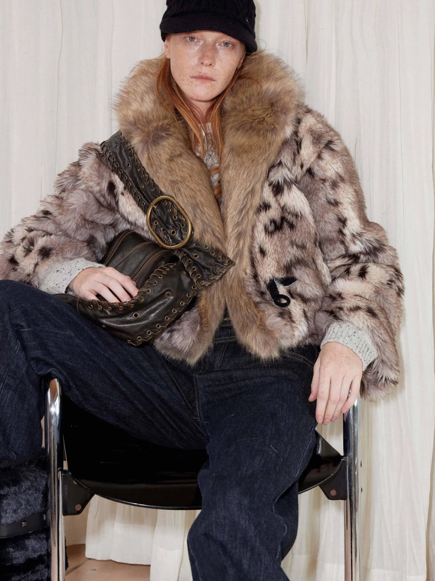 Faux Fur Bone Button Short Coat With Velvet Lining