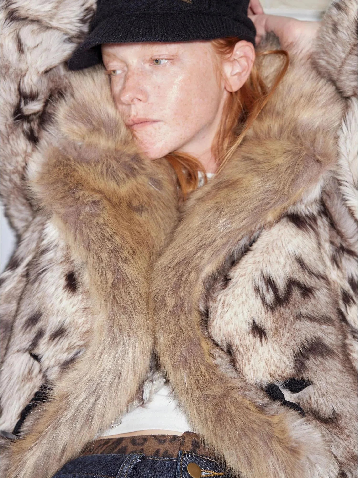 Faux Fur Bone Button Short Coat With Velvet Lining