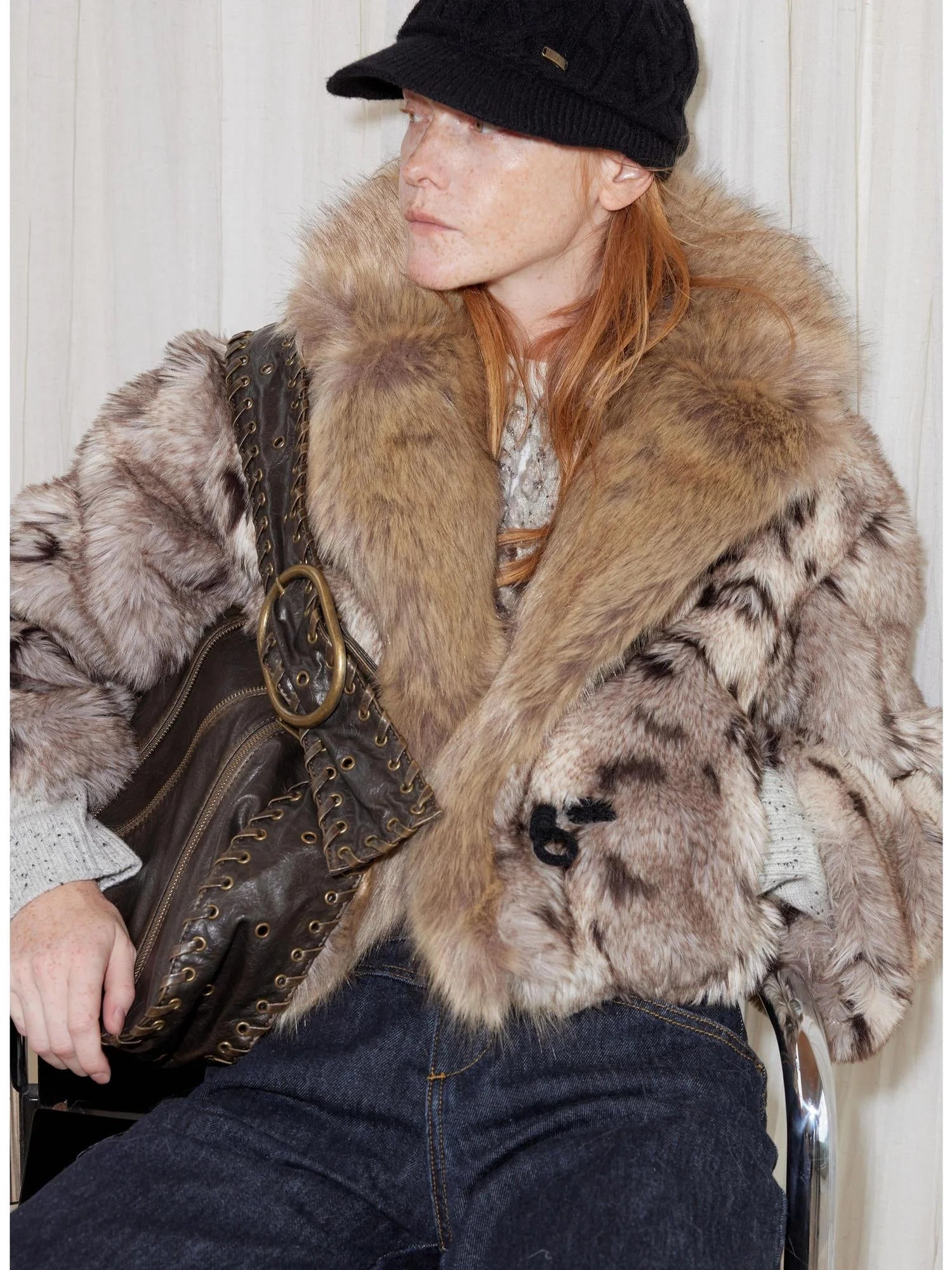Faux Fur Bone Button Short Coat With Velvet Lining
