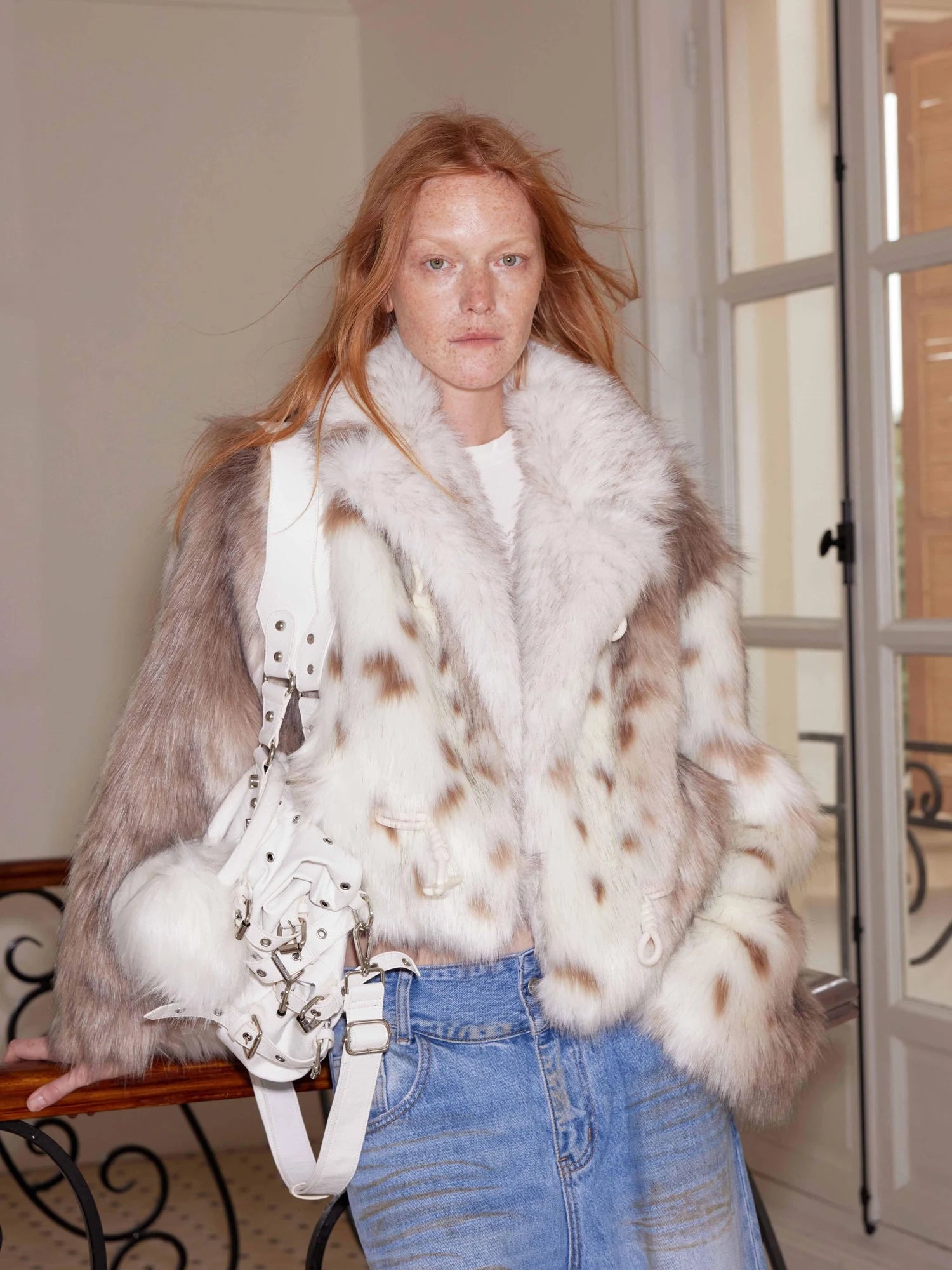 Faux Fur Bone Button Short Coat With Velvet Lining
