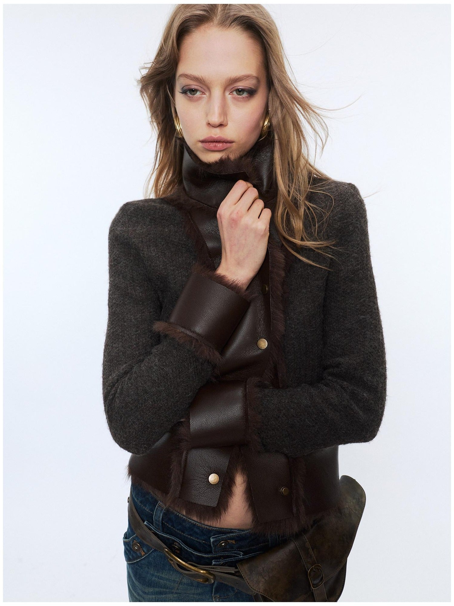 2th Desire Faux Fur Zip Front Punk Waist Cinched Women Long Sleeve Cropped Jackets