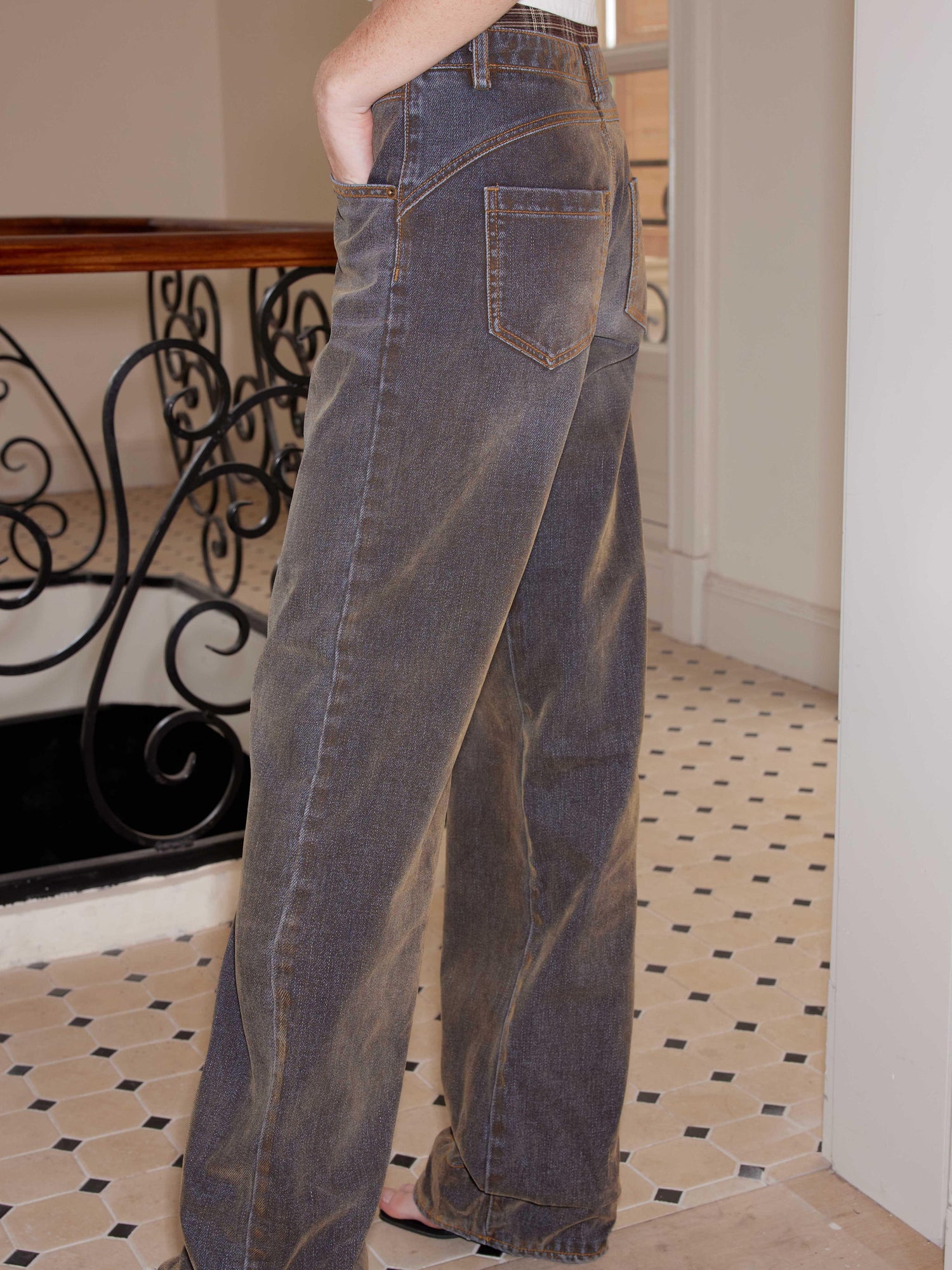 2th Desire Flared Patchwork Leopard Check Lace Trim Denim With Detachable Skirt