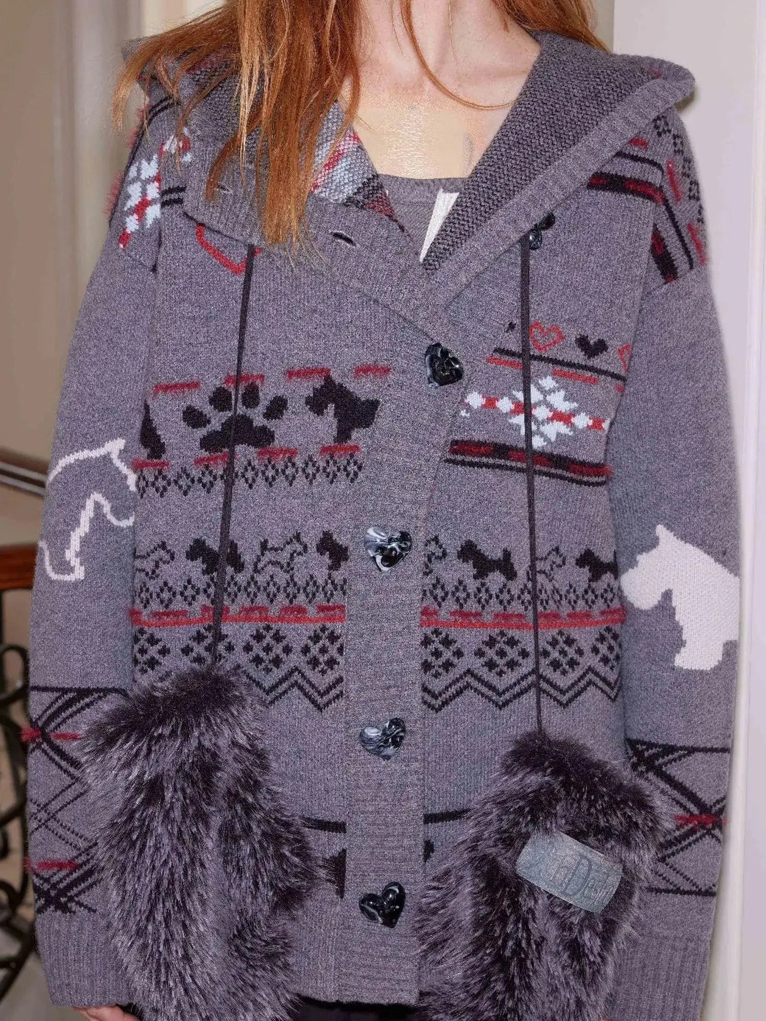 Fleece Lined Mittens with Neck Cord Fur Gloves for Women