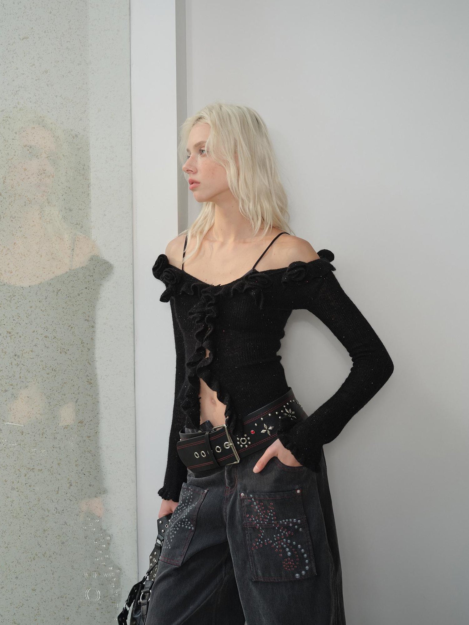 2th Desire Fluffy Luminous Knit Top With Lace Trim Off Shoulder Long Sleeve