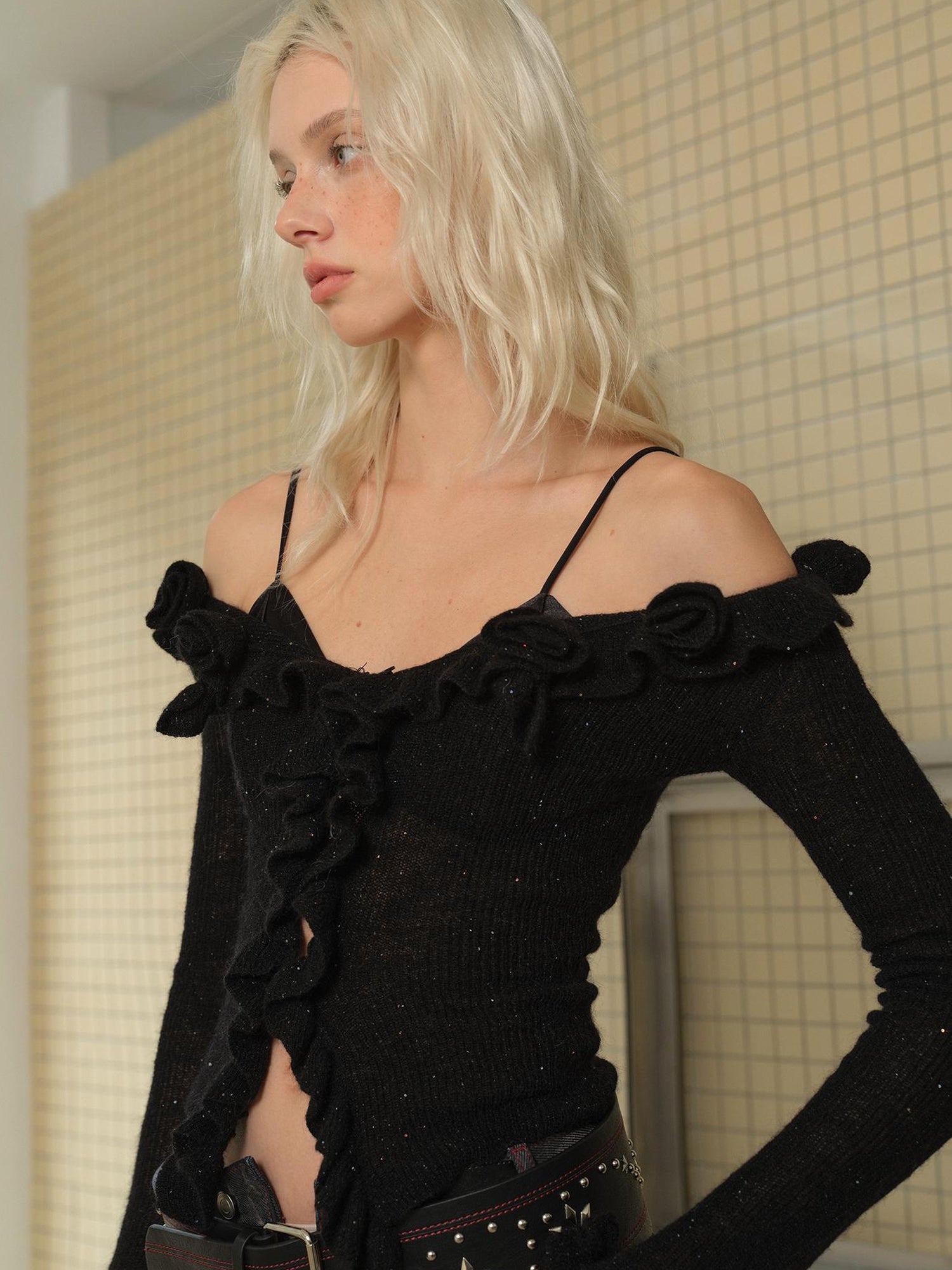 2th Desire Fluffy Luminous Knit Top With Lace Trim Off Shoulder Long Sleeve