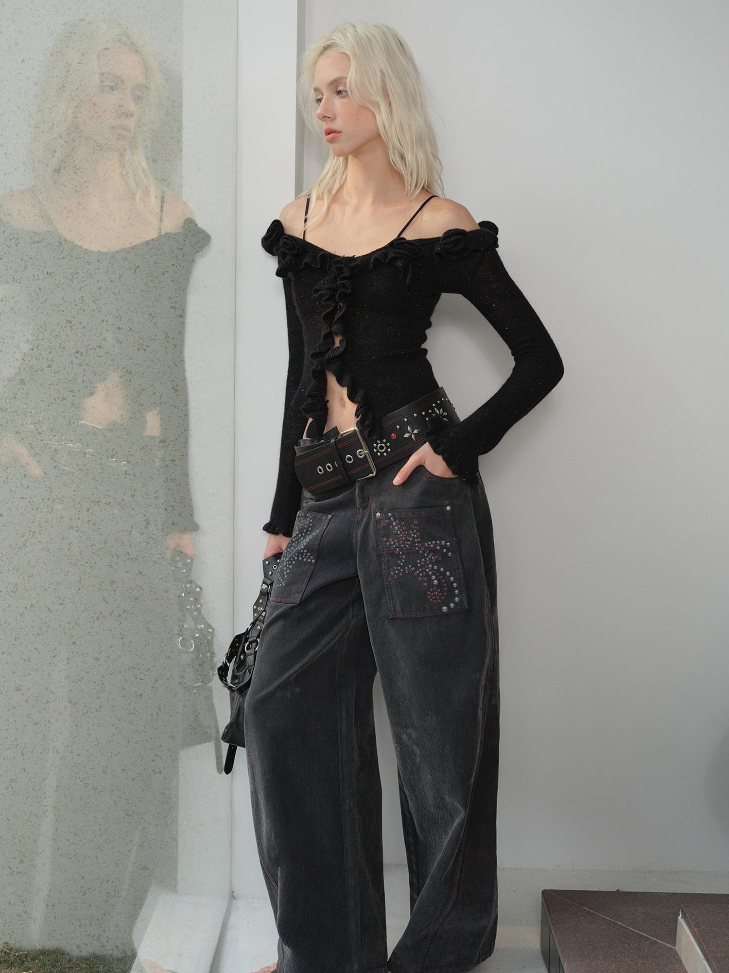 2th Desire Fluffy Luminous Knit Top With Lace Trim Off Shoulder Long Sleeve