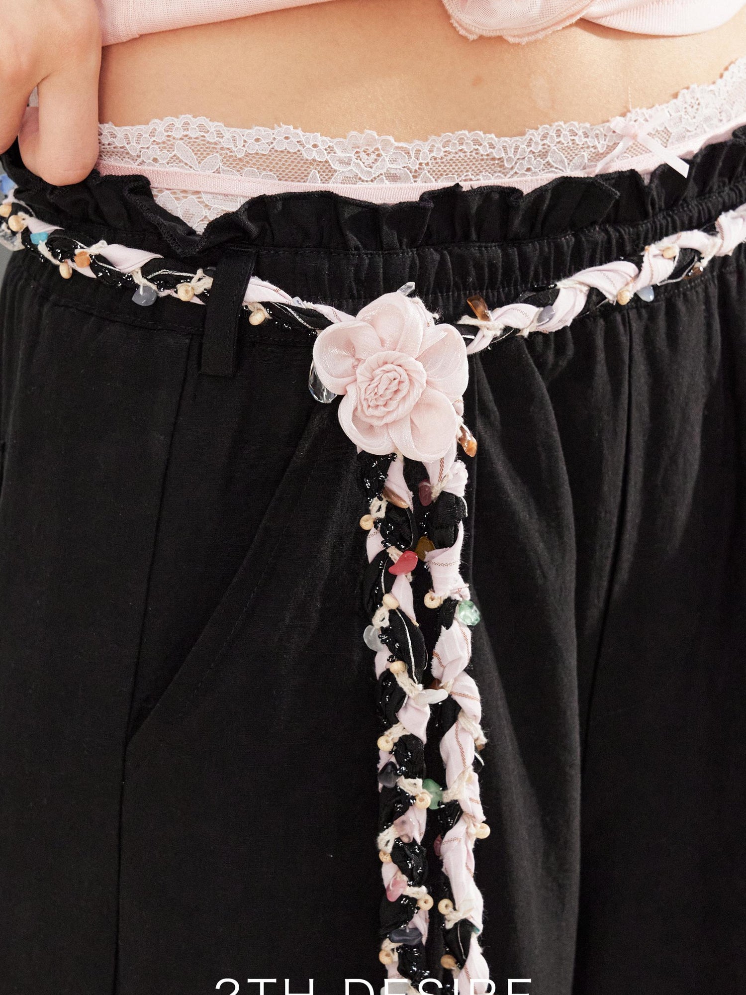 2th Desire Handwoven Linen Bohemian Beaded Stone Rope Belt