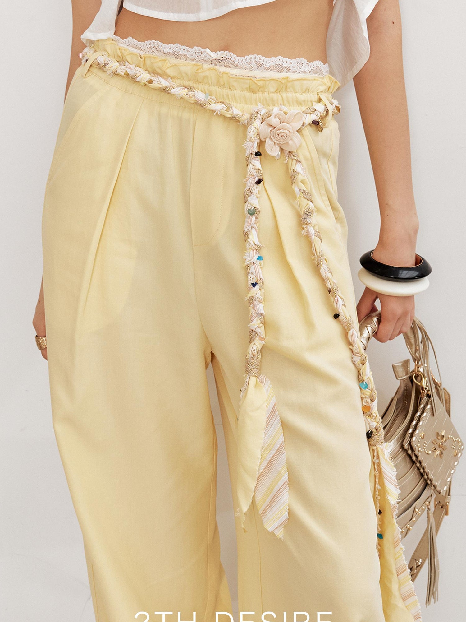 2th Desire Handwoven Linen Bohemian Beaded Stone Rope Belt