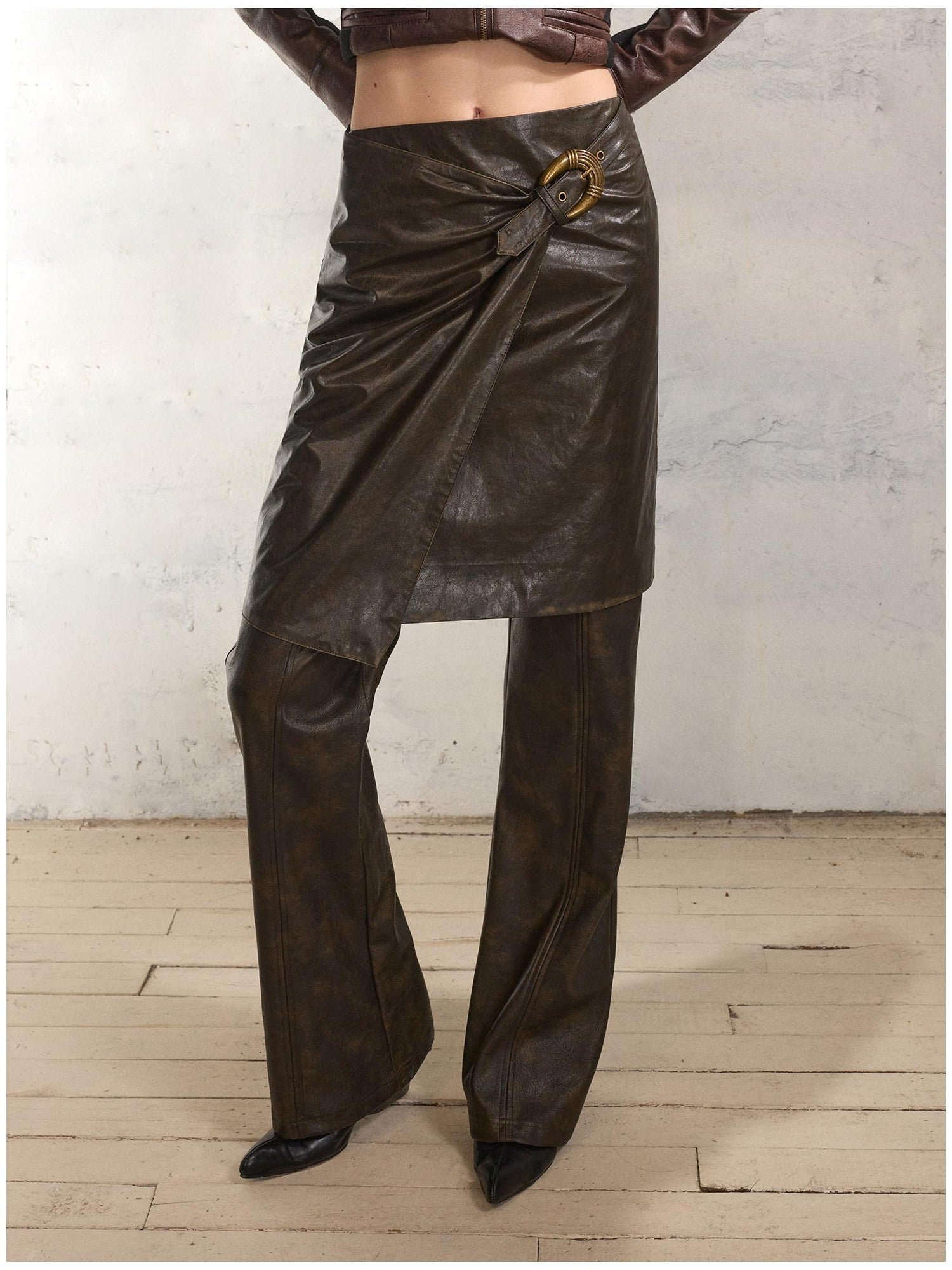 2th Desire High Stretch Distressed Faux Leather Street Straight Fit Women Long Skorts