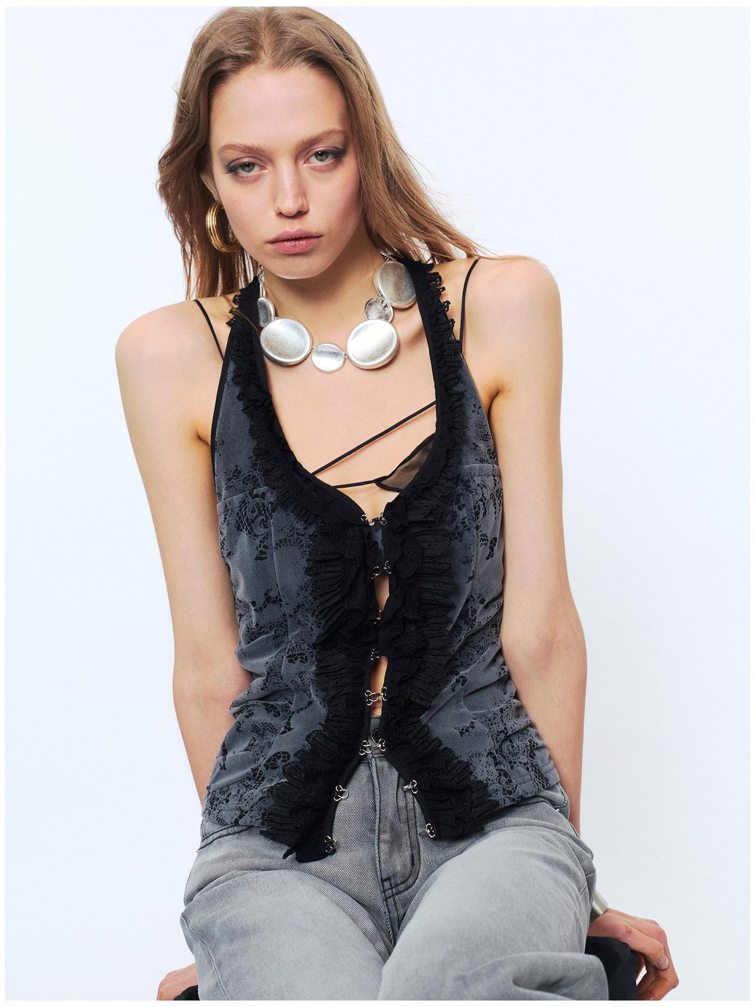2th Desire Lace Halter Slim Fit U Neck Cropped Zipper Micro Stretch Black Gray Tank Tops