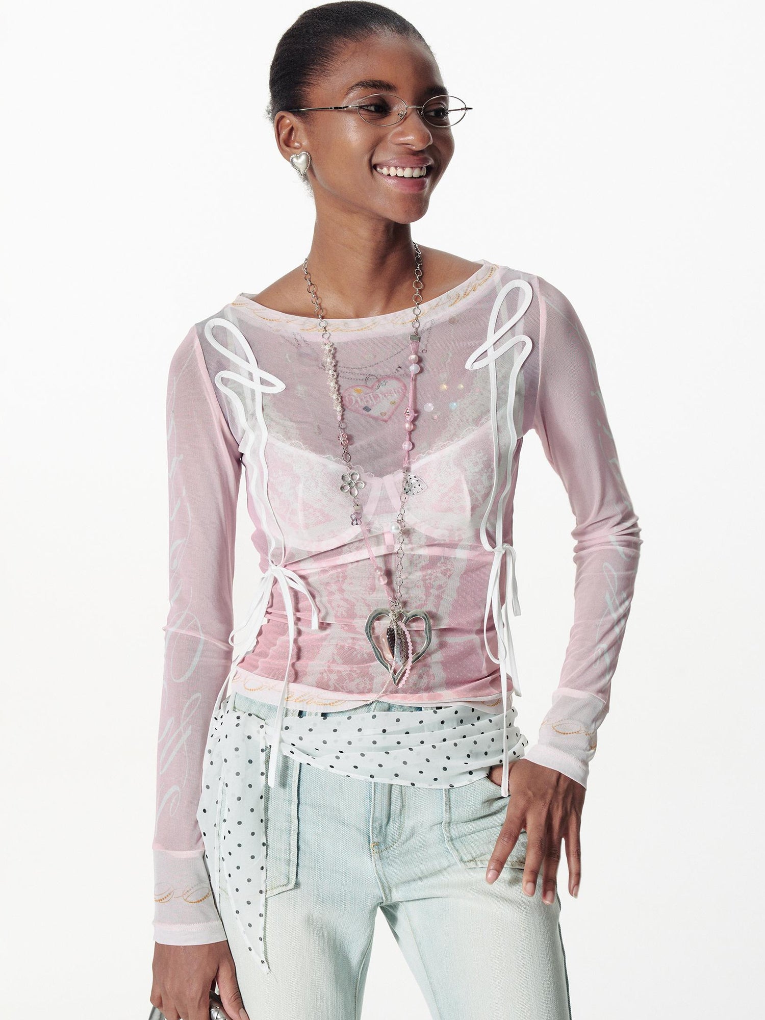 2th Desire Lace Mesh Neckline Printed Sheer Sunshade Long Sleeve T-Shirt